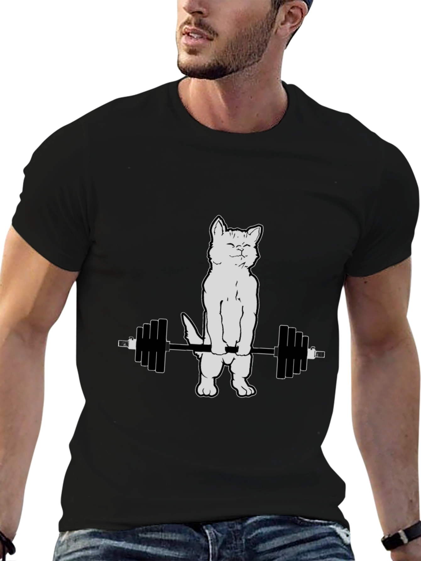 Black Cat Lifting Weights Graphic T-Shirt - Black view 6