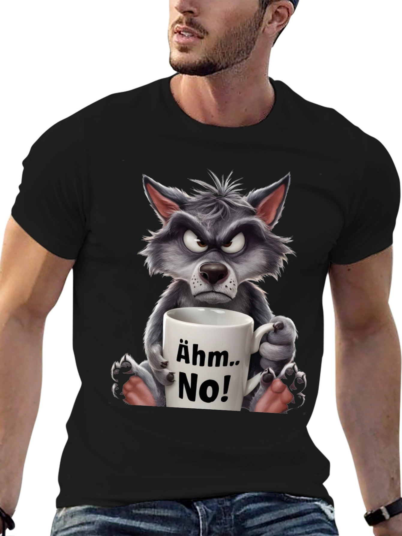 Black Grumpy Wolf "Ähm.. No!" T-Shirt - Express Your Mood! view 6