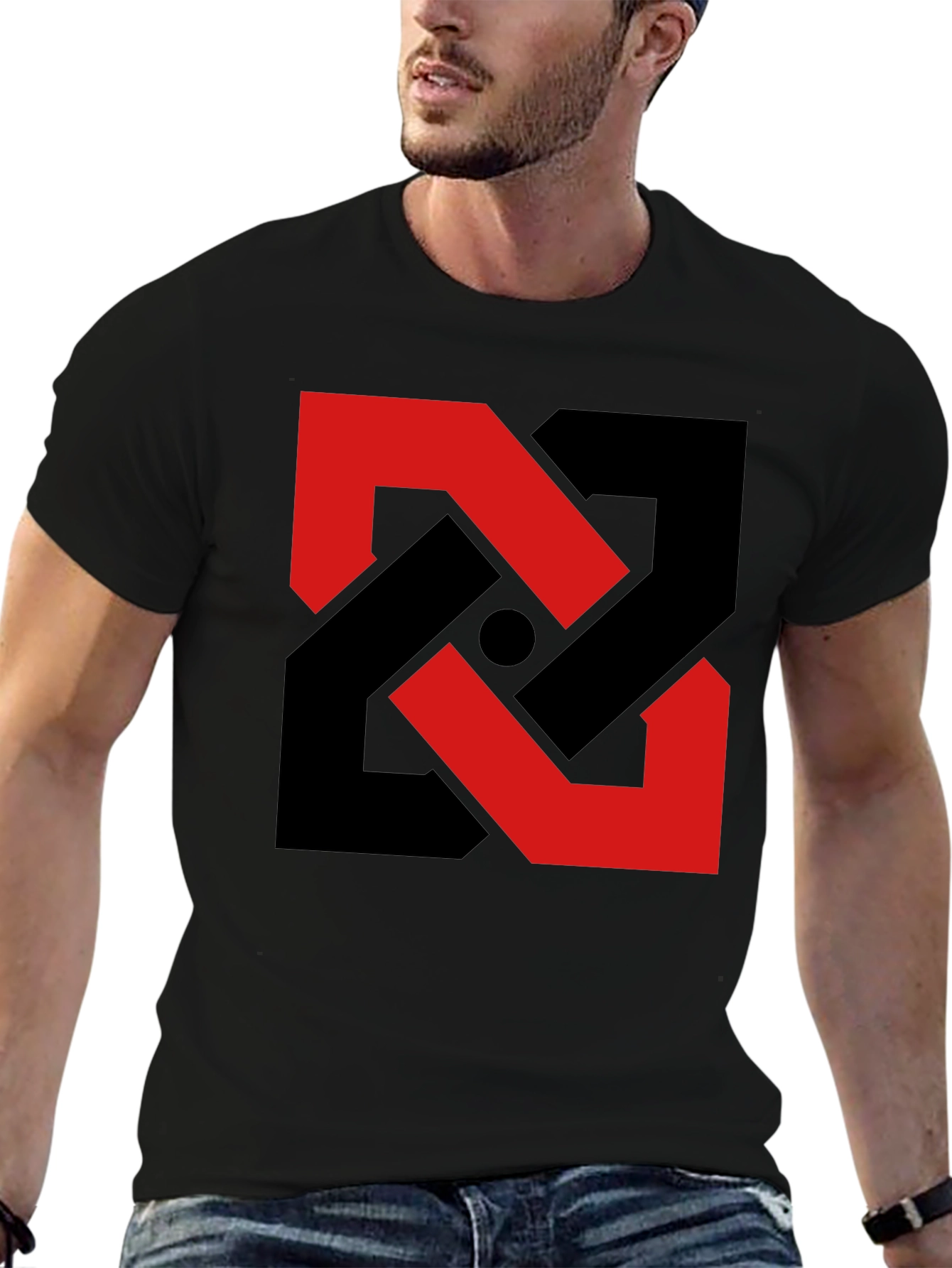 Black Abstract Geometric T-Shirt - Red & Black Design view 6