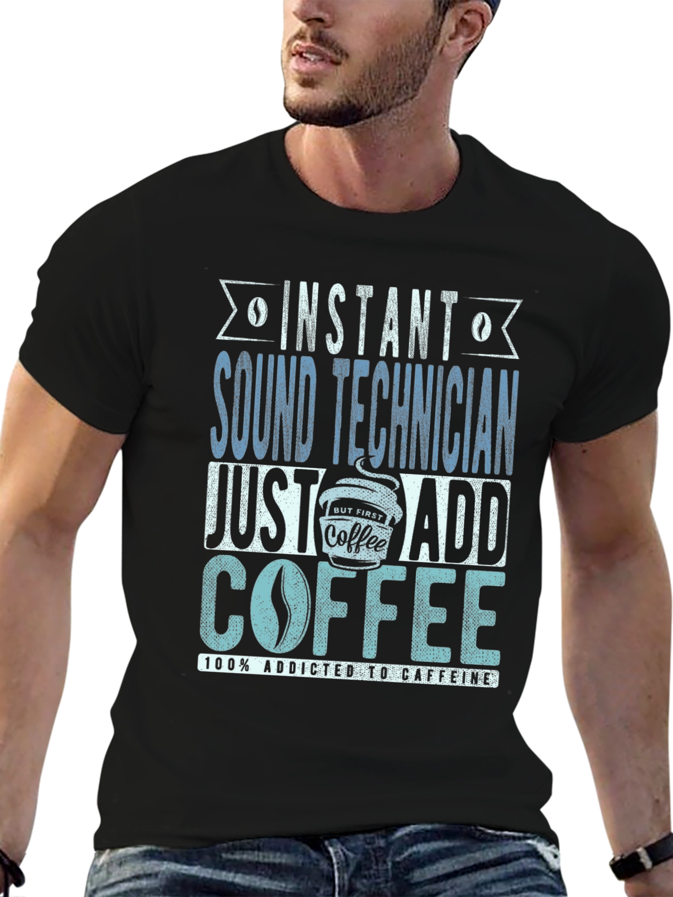 Black Instant Sound Technician Coffee Addict T-Shirt view 6