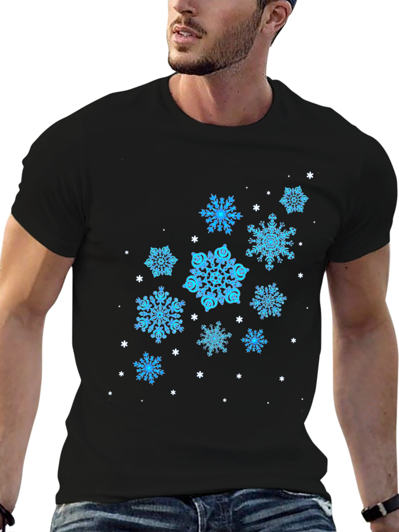 Black Snowflake Pattern Black T-Shirt view 6