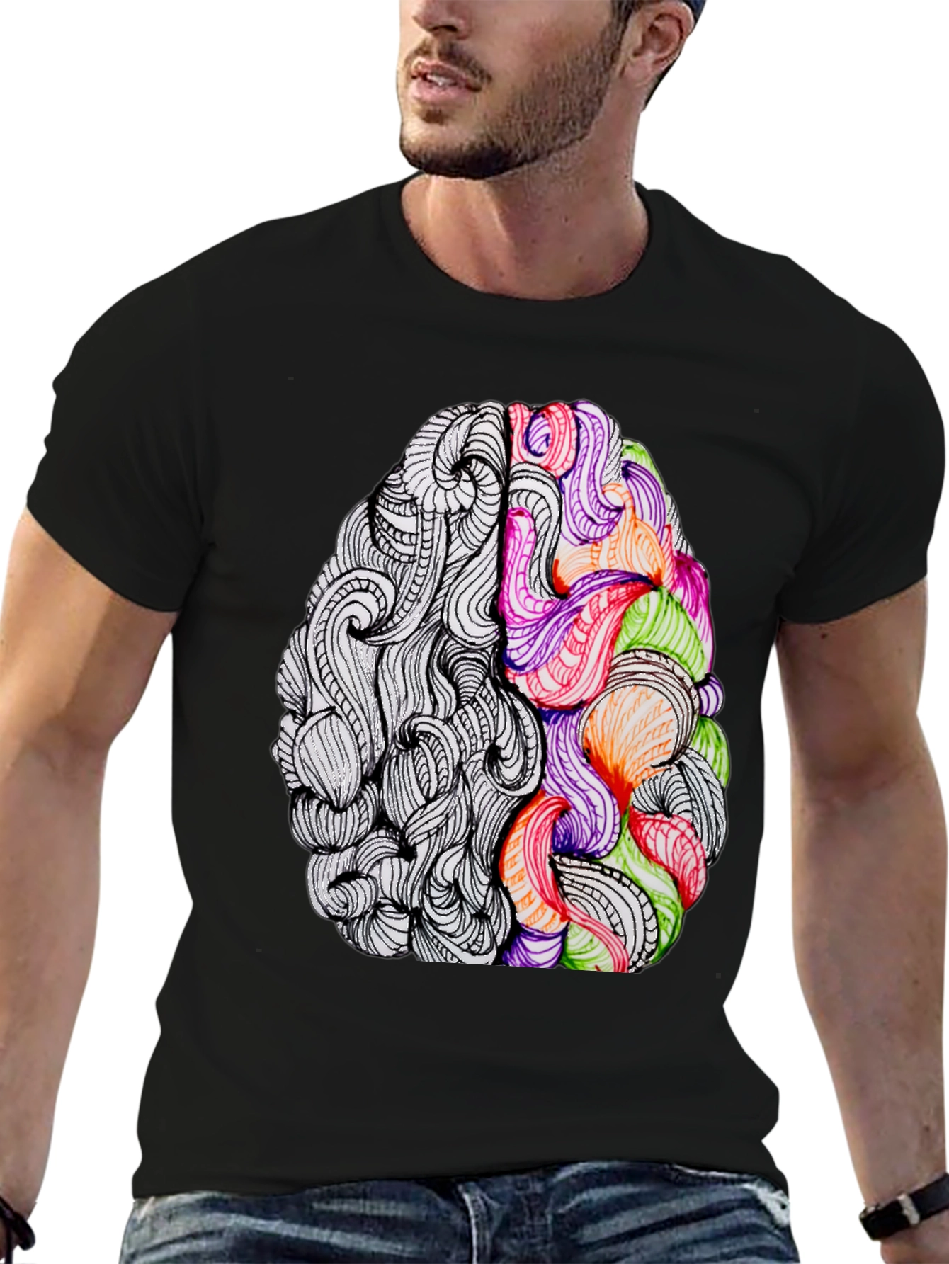 Black Brain Art Graphic Tee - Creative Thinking T-Shirt view 6