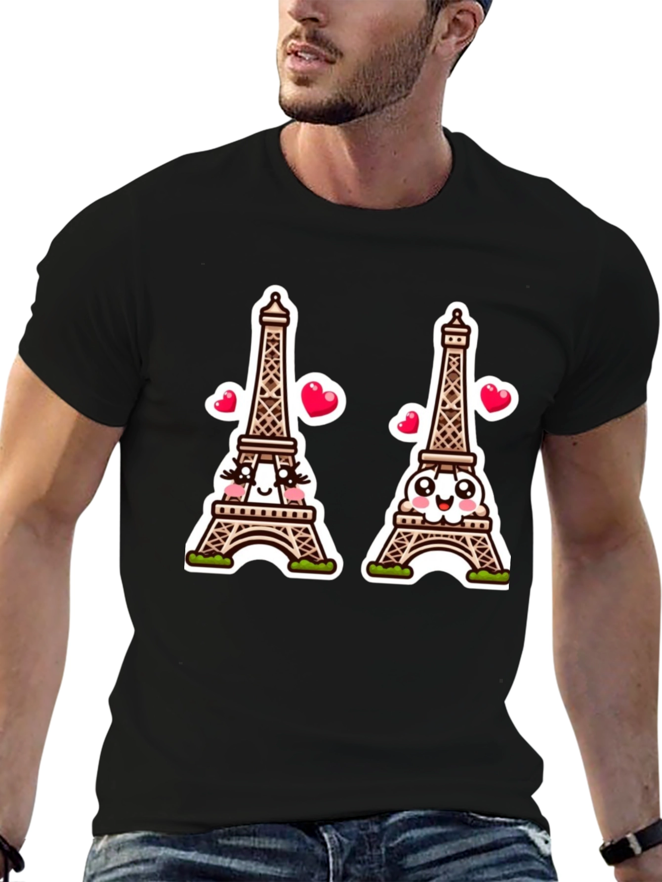 Black Parisian Love T-Shirt, Eiffel Tower Cartoon view 6