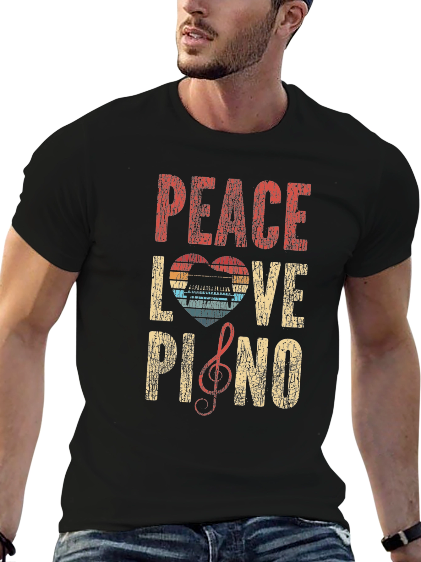 Black Peace Love Piano Graphic T-Shirt - Music Lover Tee view 6