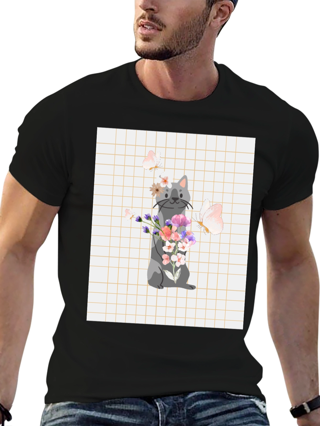 Black Cute Cat with Flowers Graphic T-Shirt view 6