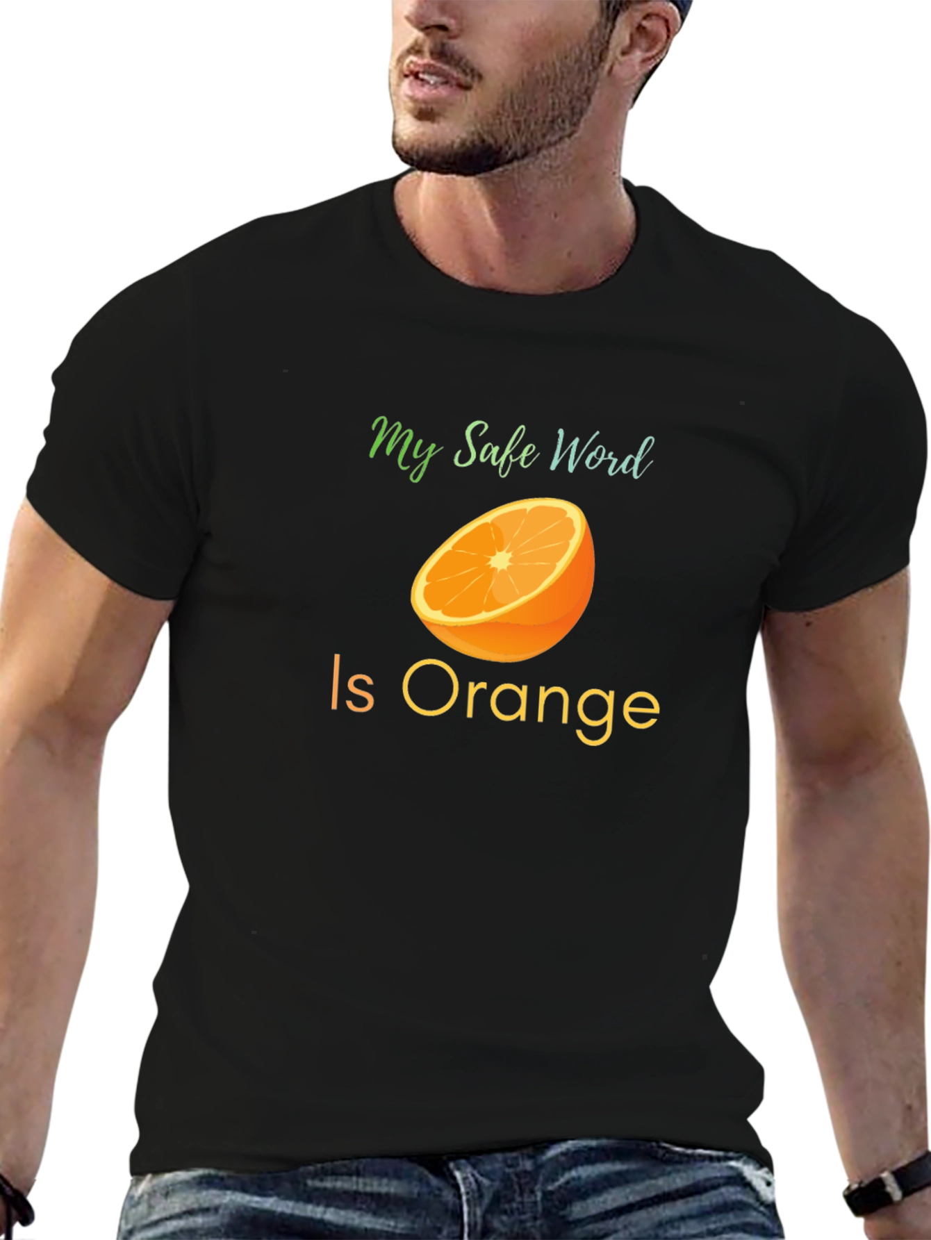 Black Safe Word Orange T-Shirt - Funny Fruit Design view 6