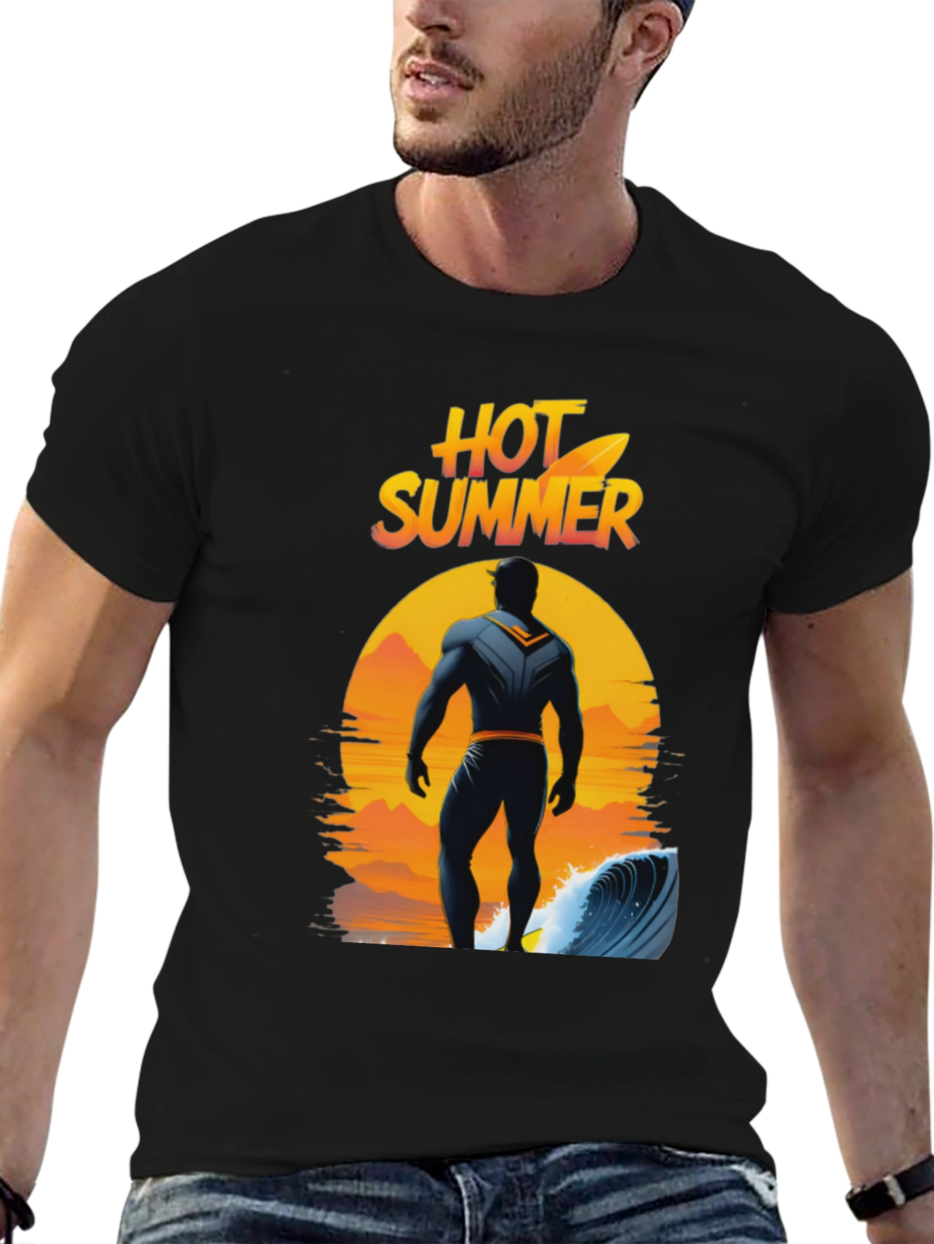 Black Hot Summer Surfer Graphic Tee - Black Cotton T-Shirt view 6