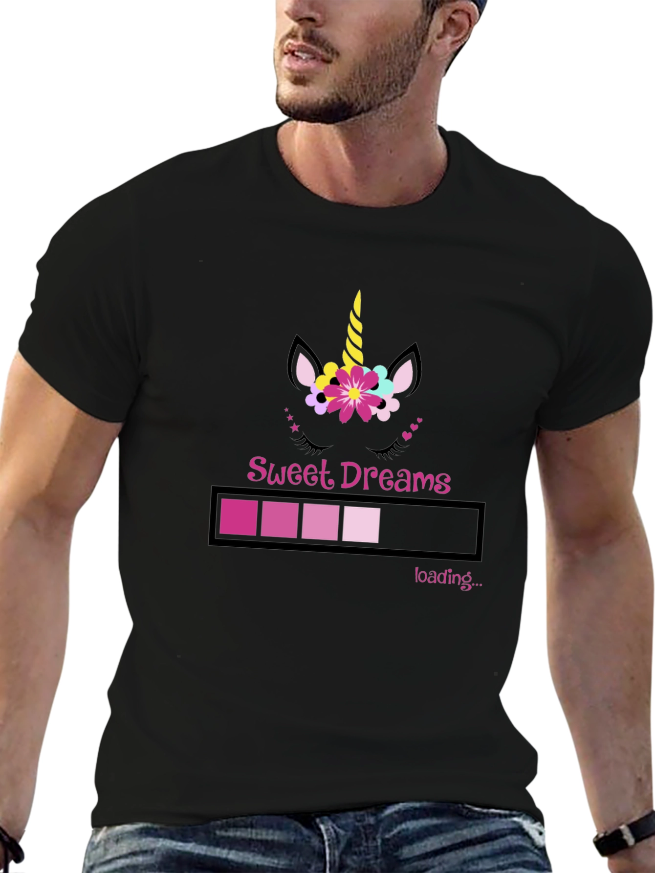 Black Sweet Dreams Unicorn Loading Bar Black T-Shirt view 6