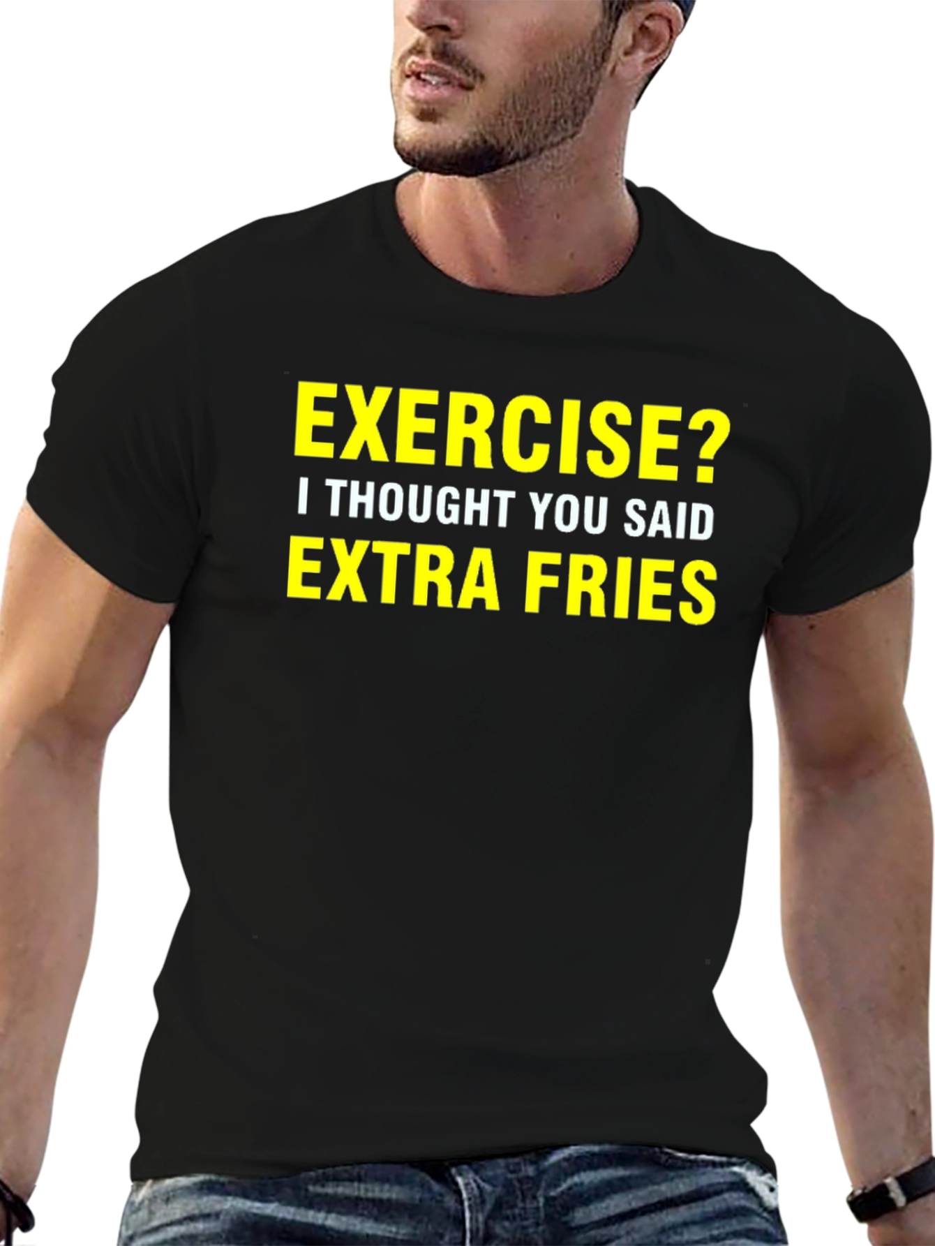 Black Funny Exercise Extra Fries T-Shirt view 6