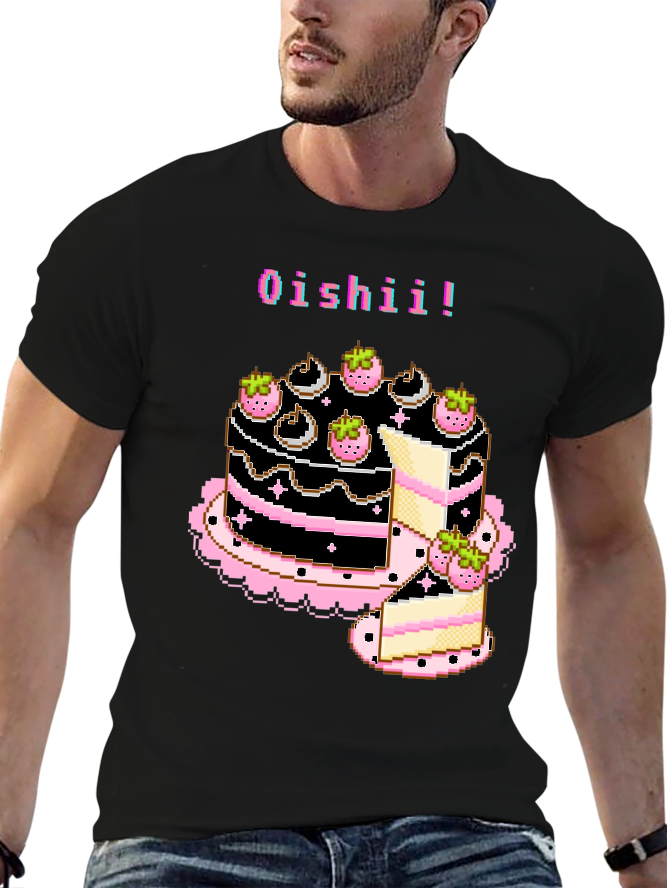 Black Pixel Art Oishii Cake T-Shirt view 6