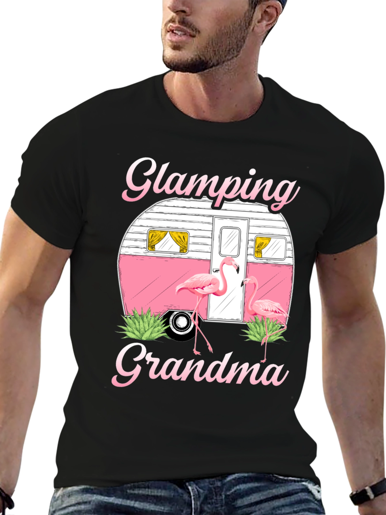 Black Glamping Grandma Flamingo T-Shirt view 6
