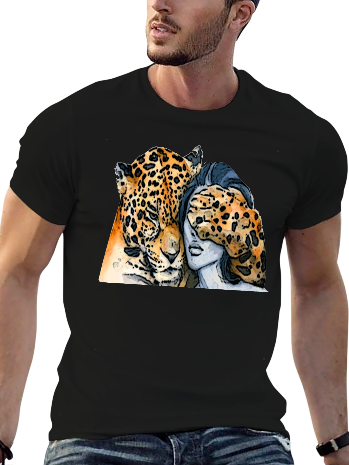 Black Jaguar and Woman Graphic Print Black T-Shirt view 6