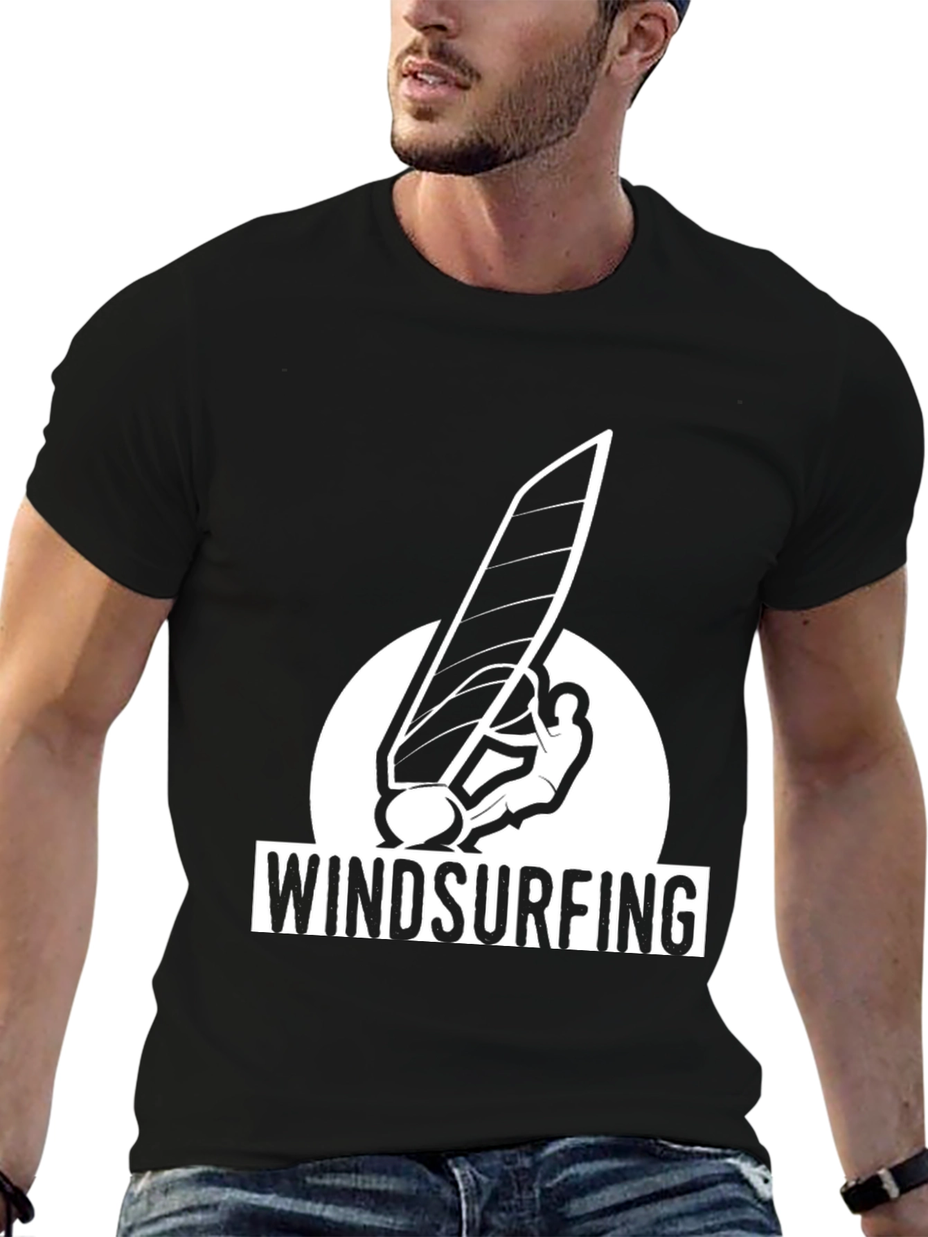 Black Windsurfing Graphic Tee - Black Cotton T-Shirt view 6