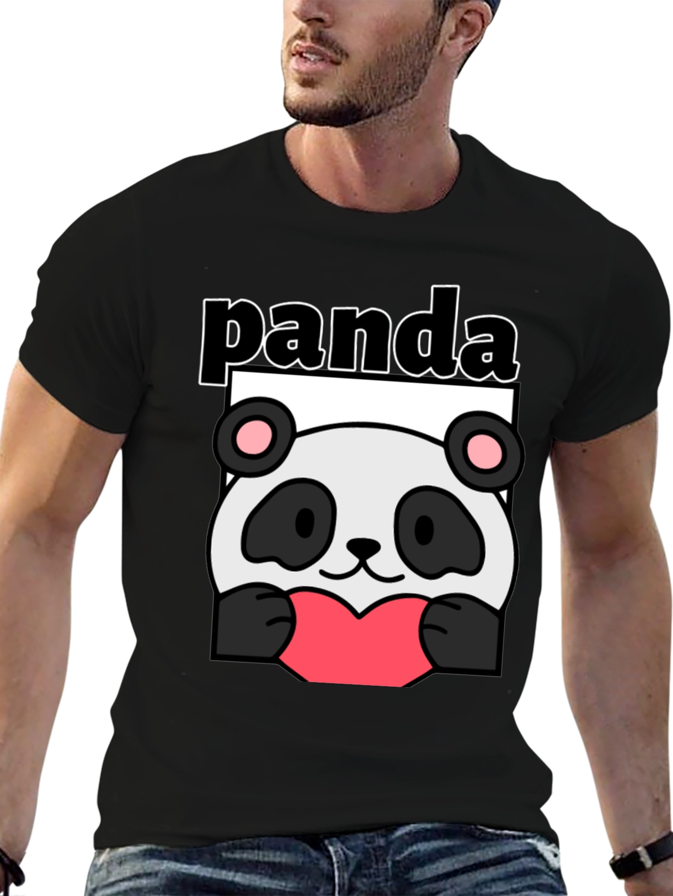 Black Cute Panda Heart Graphic Black T-Shirt view 6