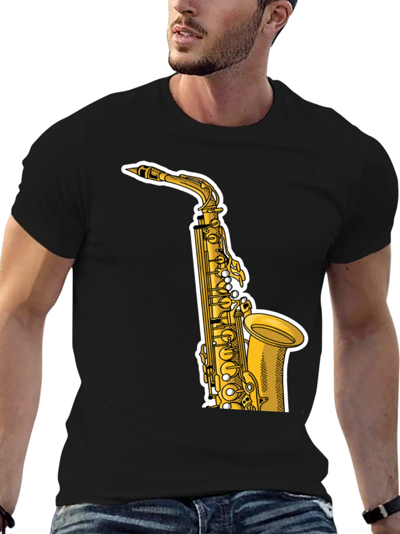 Black Saxophone Graphic Tee - Black Cotton T-Shirt view 6