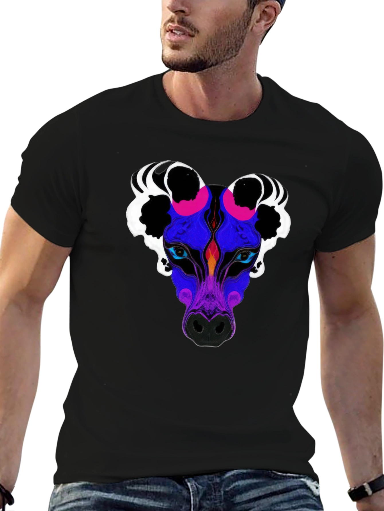 Black Abstract Wolf Graphic Tee - Black Crew Neck view 6