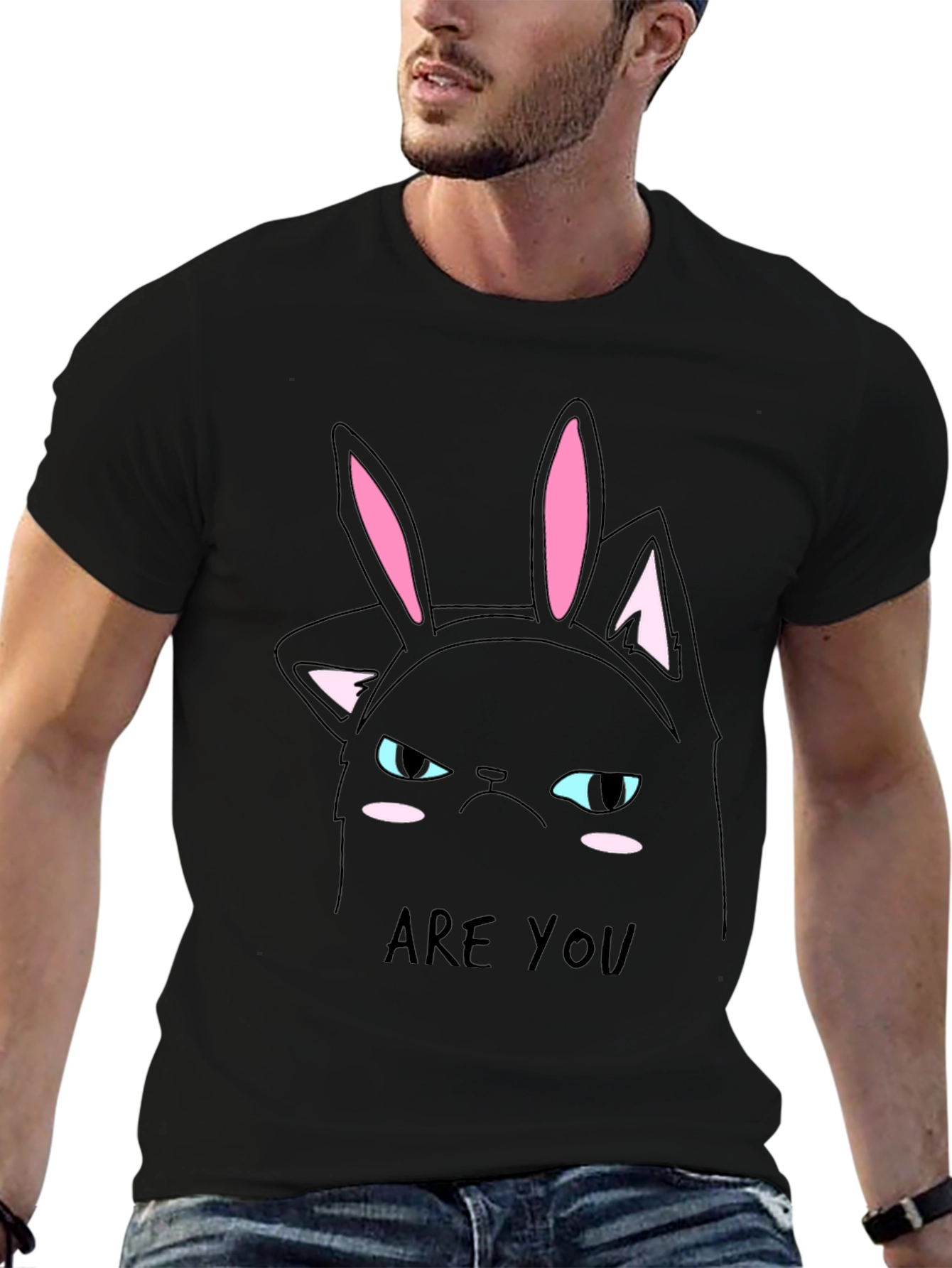 Black Grumpy Cat Bunny Ears T-Shirt - Men's Black Tee view 6