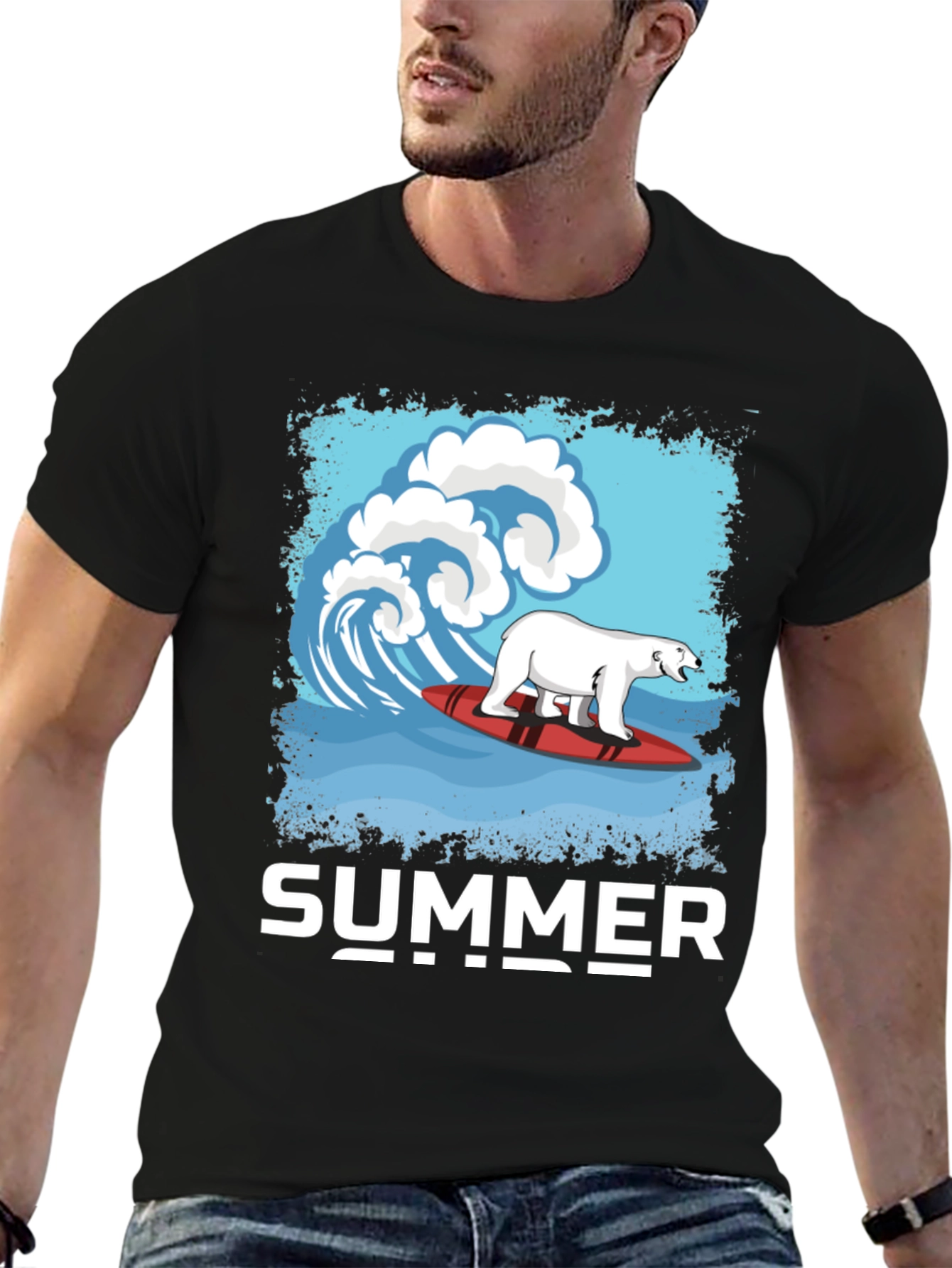Black Surfing Polar Bear Summer T-Shirt view 6