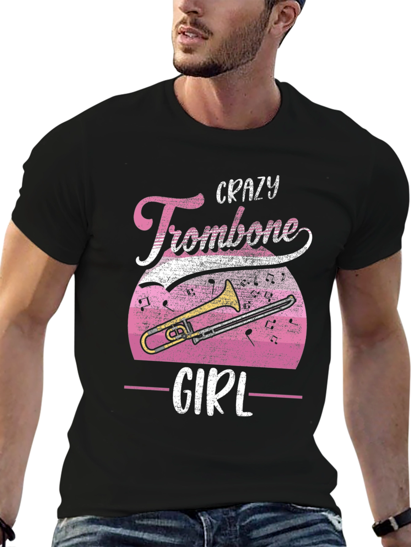 Black Crazy Trombone Girl T-Shirt - Music Lover Tee view 6