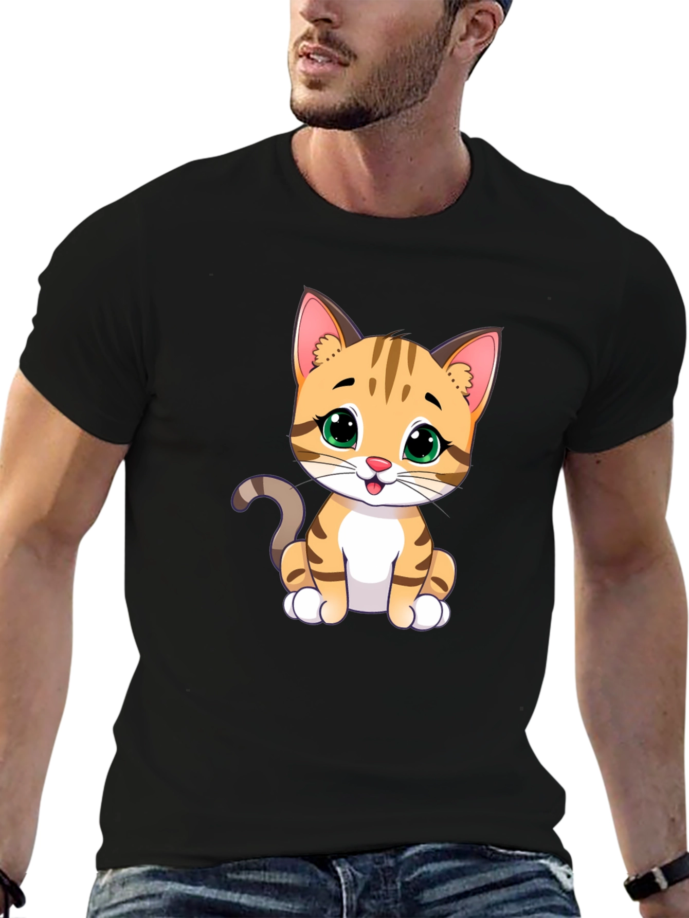 Black Cute Cartoon Cat Graphic T-Shirt view 6