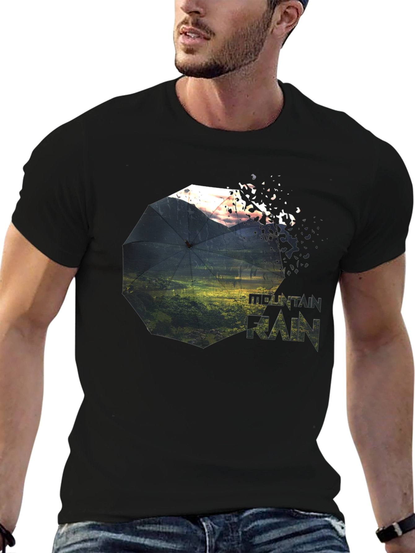 Black Mountain Rain Graphic Tee - Unique Nature Design view 6
