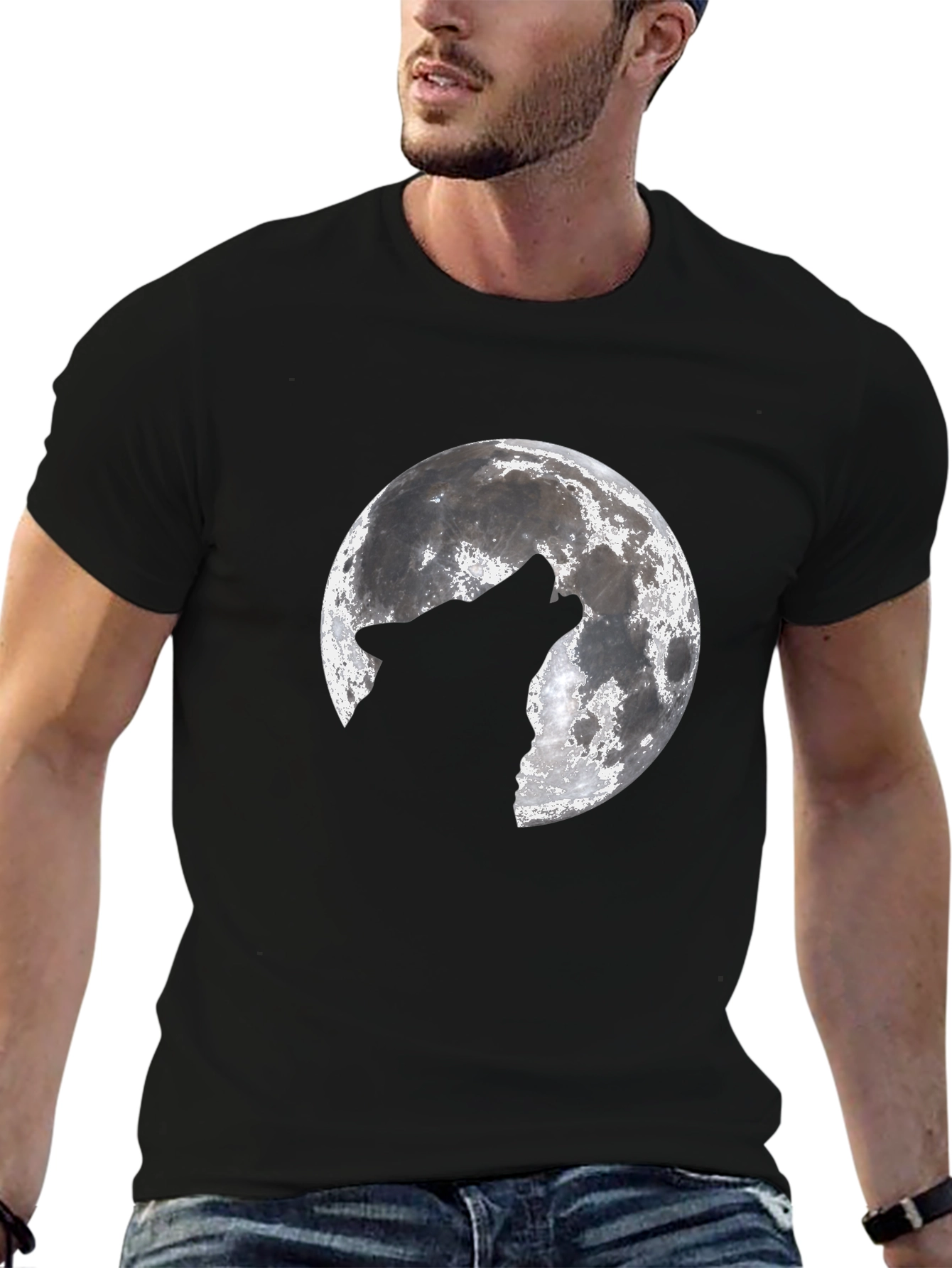Black Wolf Howling at Moon Graphic Black T-Shirt view 6