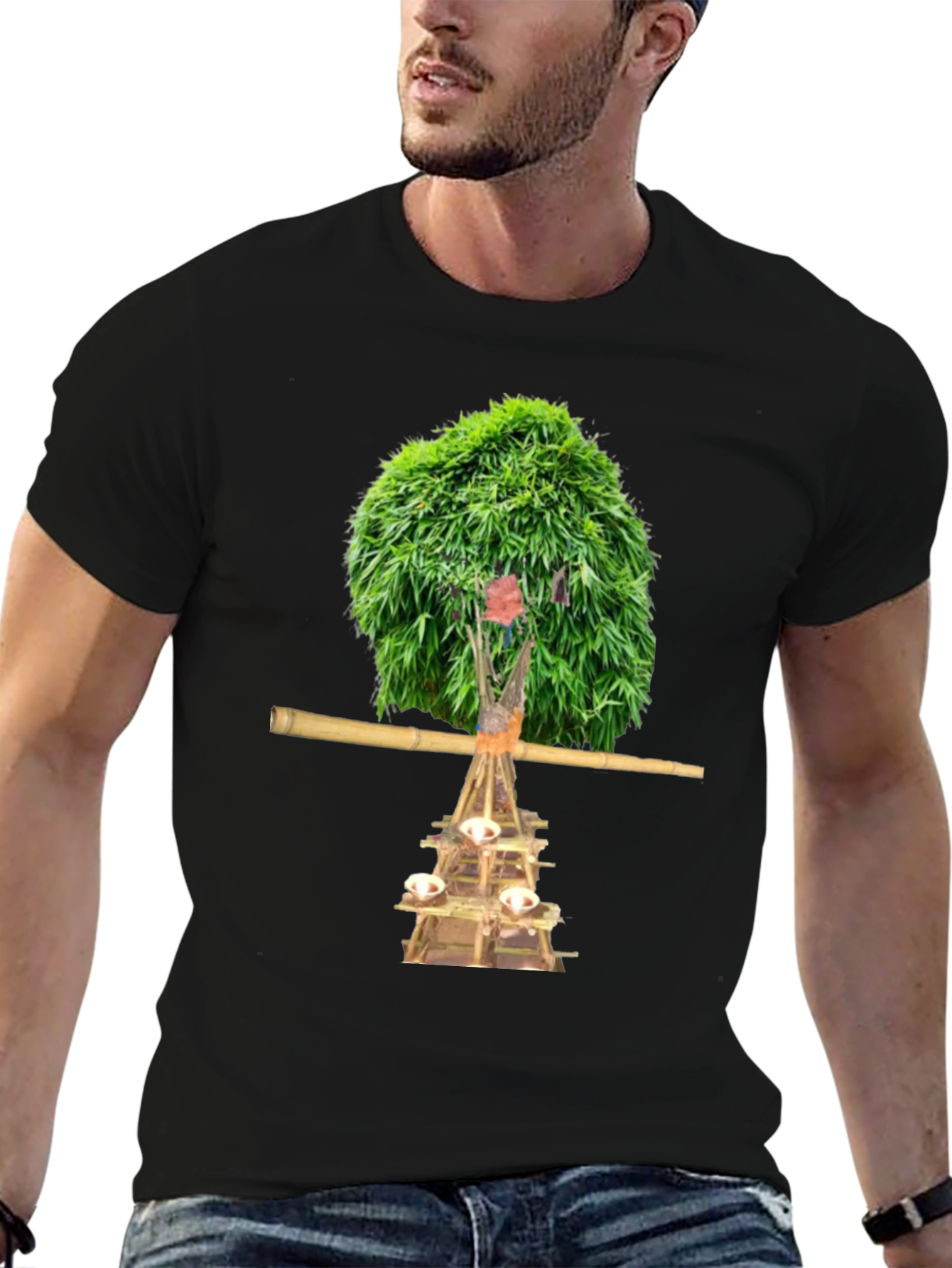 Black Unique T-Shirt with Nature-Inspired Graphic Print view 6