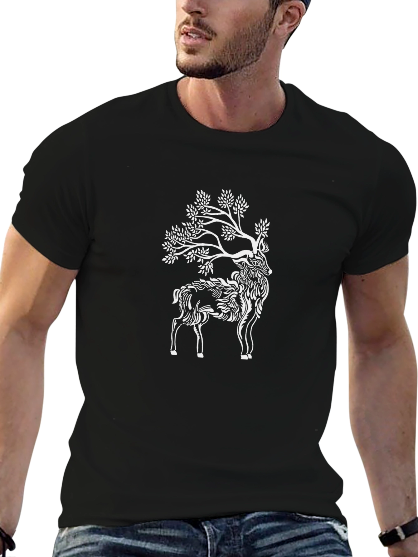 Black Nature Deer Graphic Tee - Black Cotton Blend T-Shirt view 6