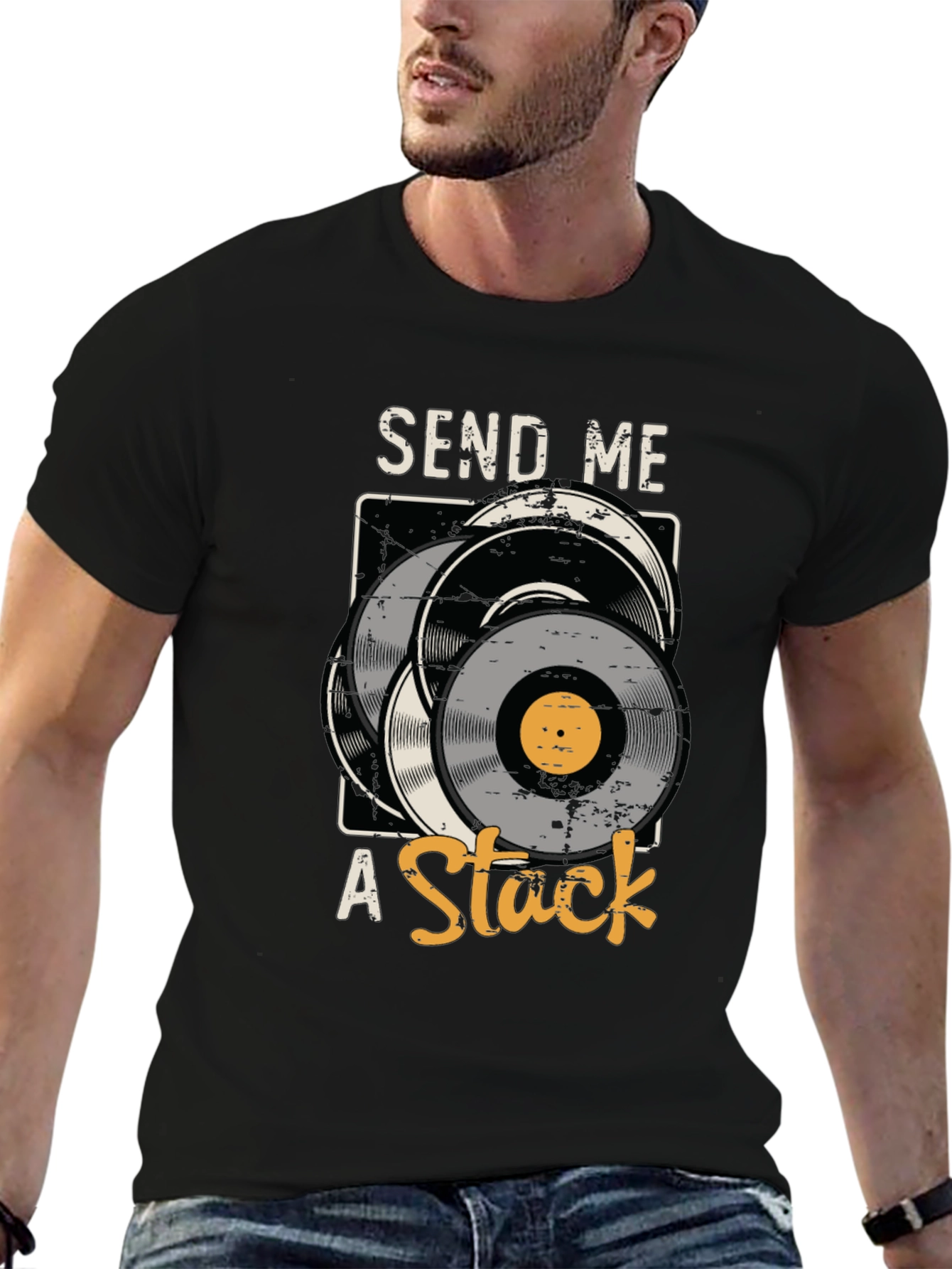 Black Send Me A Stack Vinyl Record Graphic Tee view 6