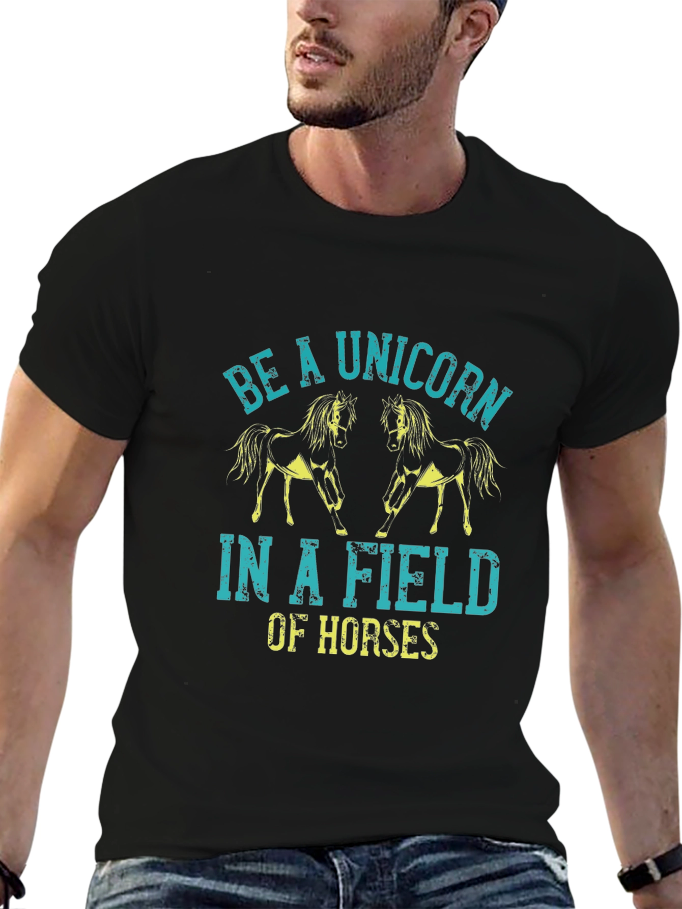 Black Unicorn in a Field of Horses Graphic Tee view 6