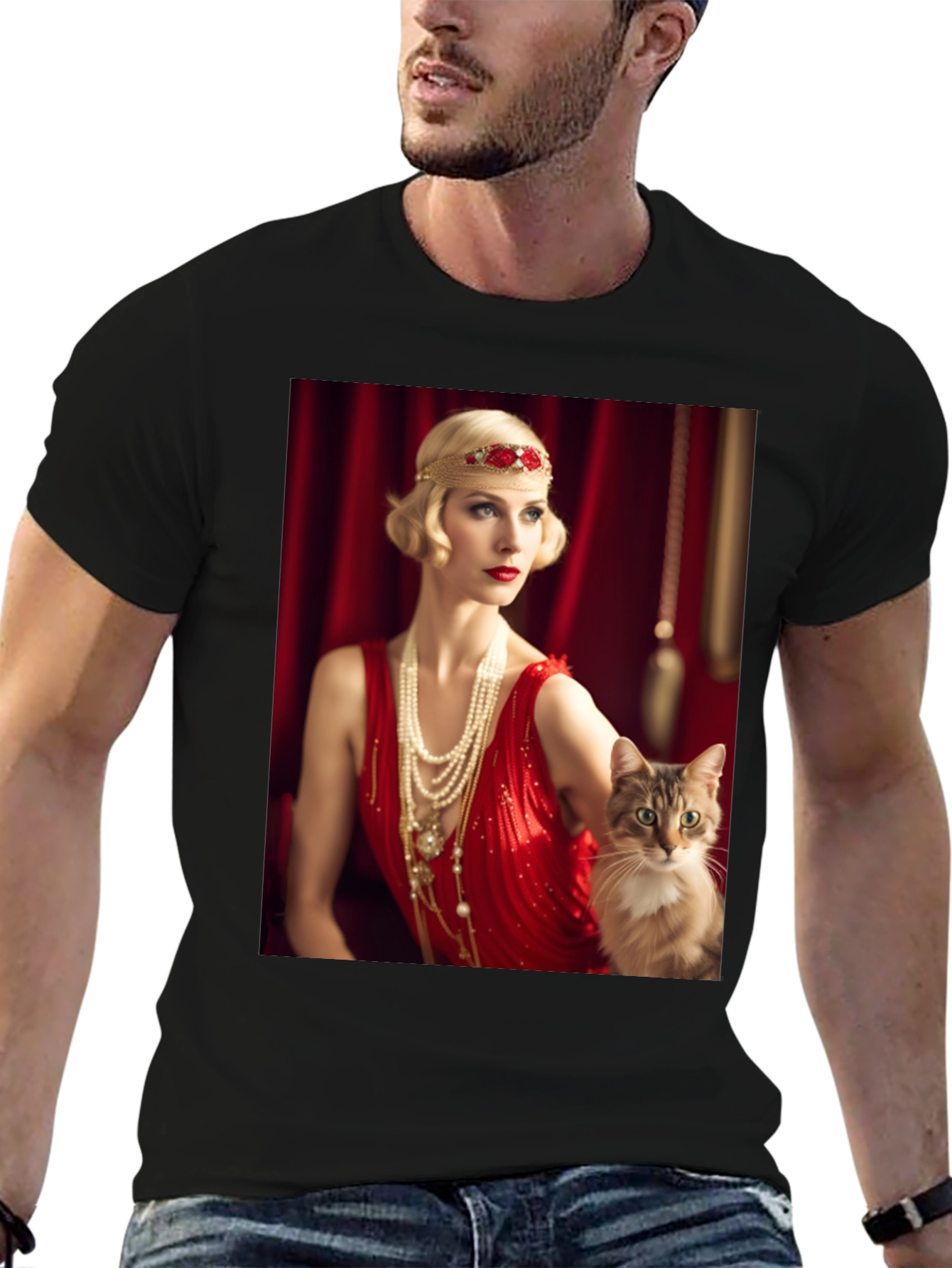 Black Retro Glam T-Shirt: Woman & Cat view 6
