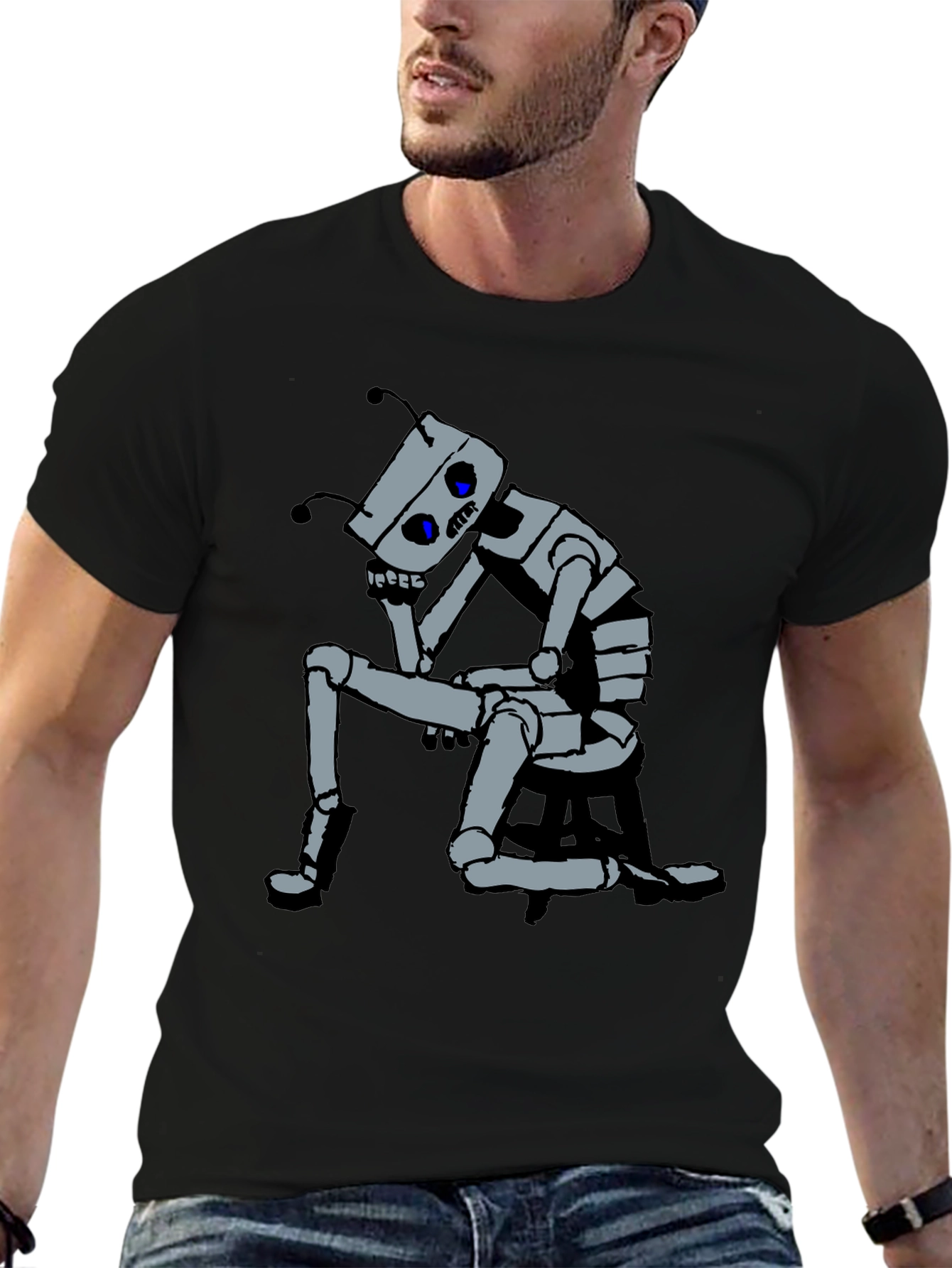 Black Robot Thoughtful Graphic Tee - Black Cotton view 6