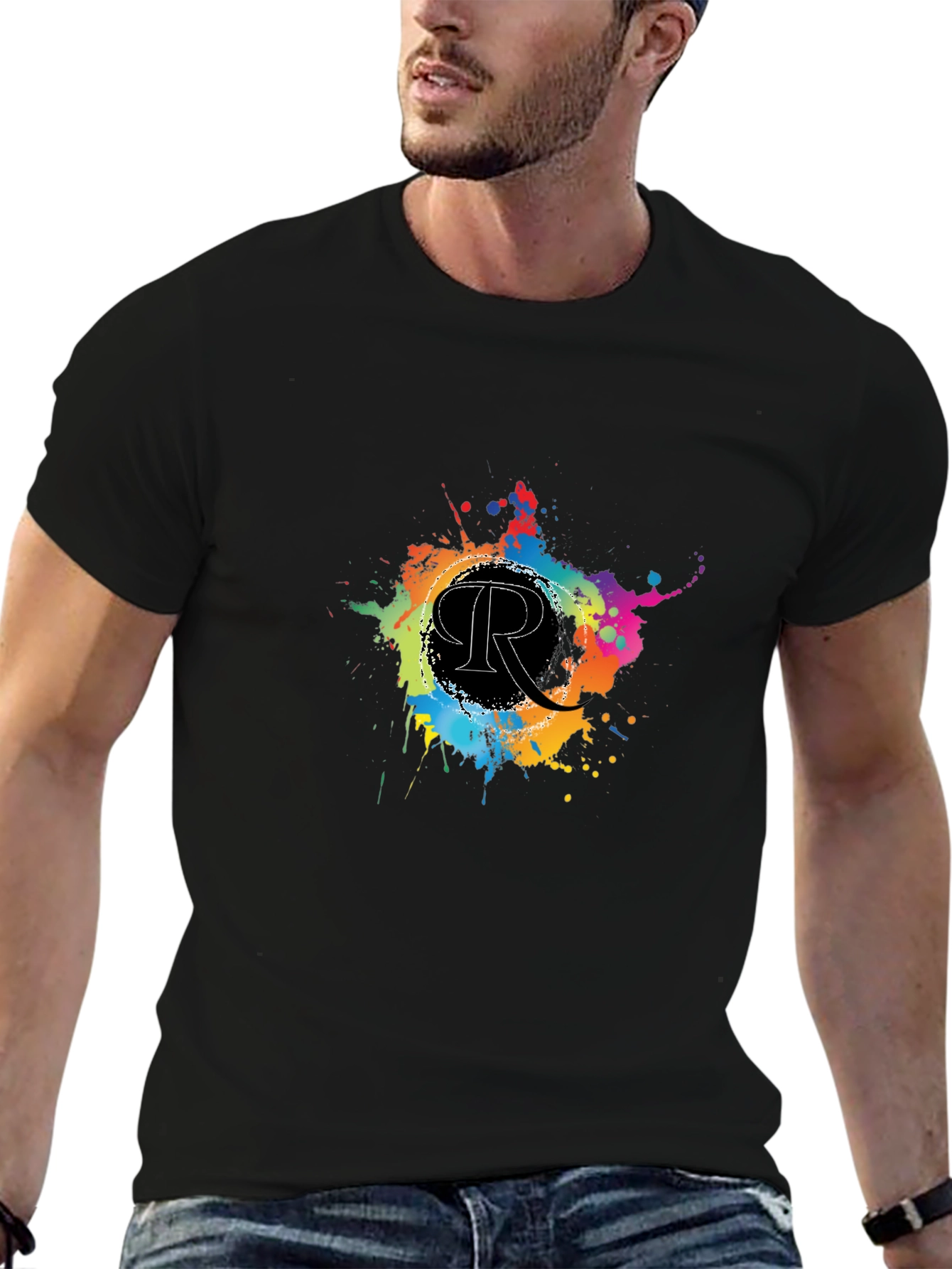Black Men's Black T-Shirt with Colorful "R" Design view 6