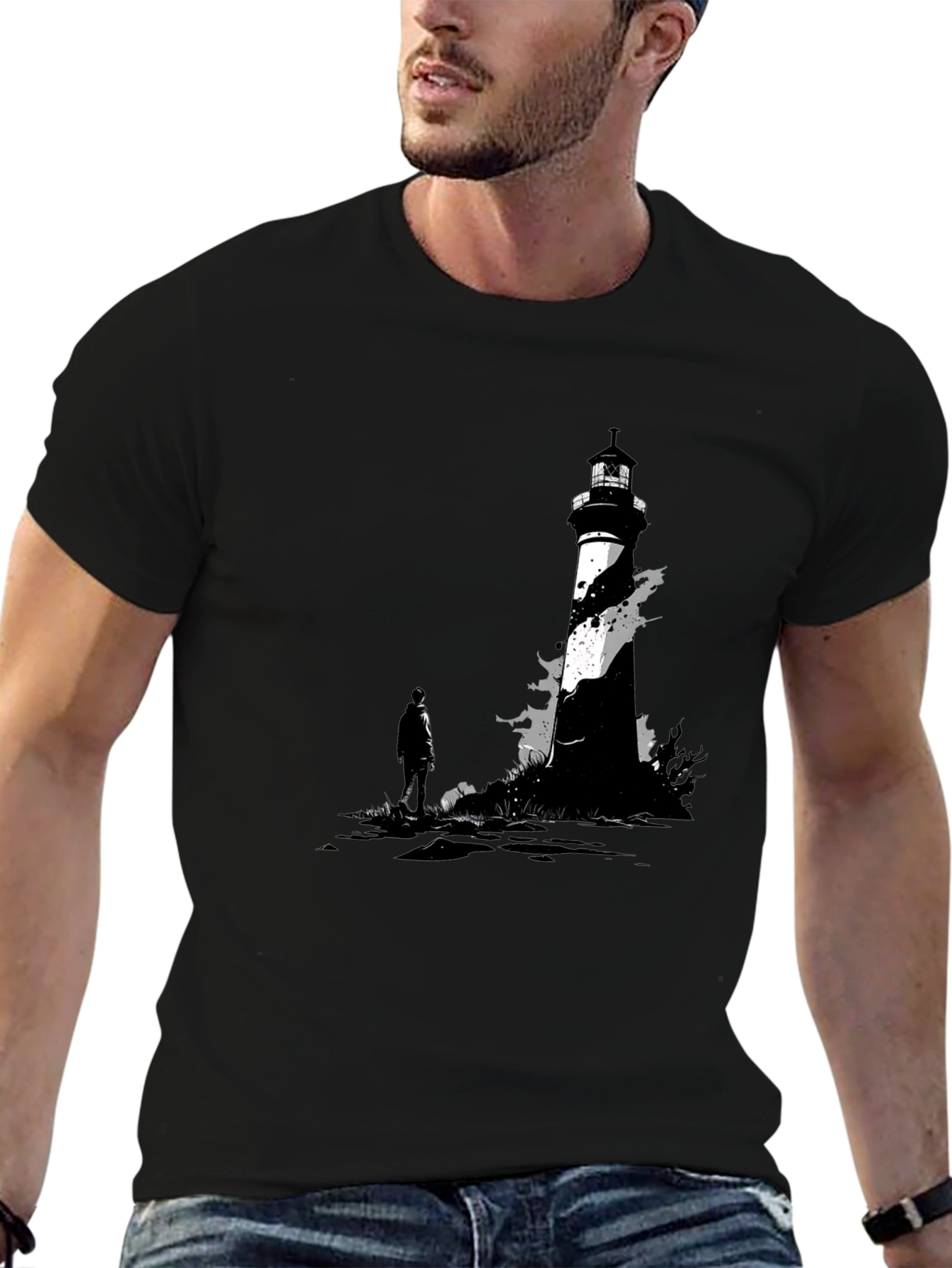 Black Lighthouse Graphic Tee - Coastal Style T-Shirt view 6