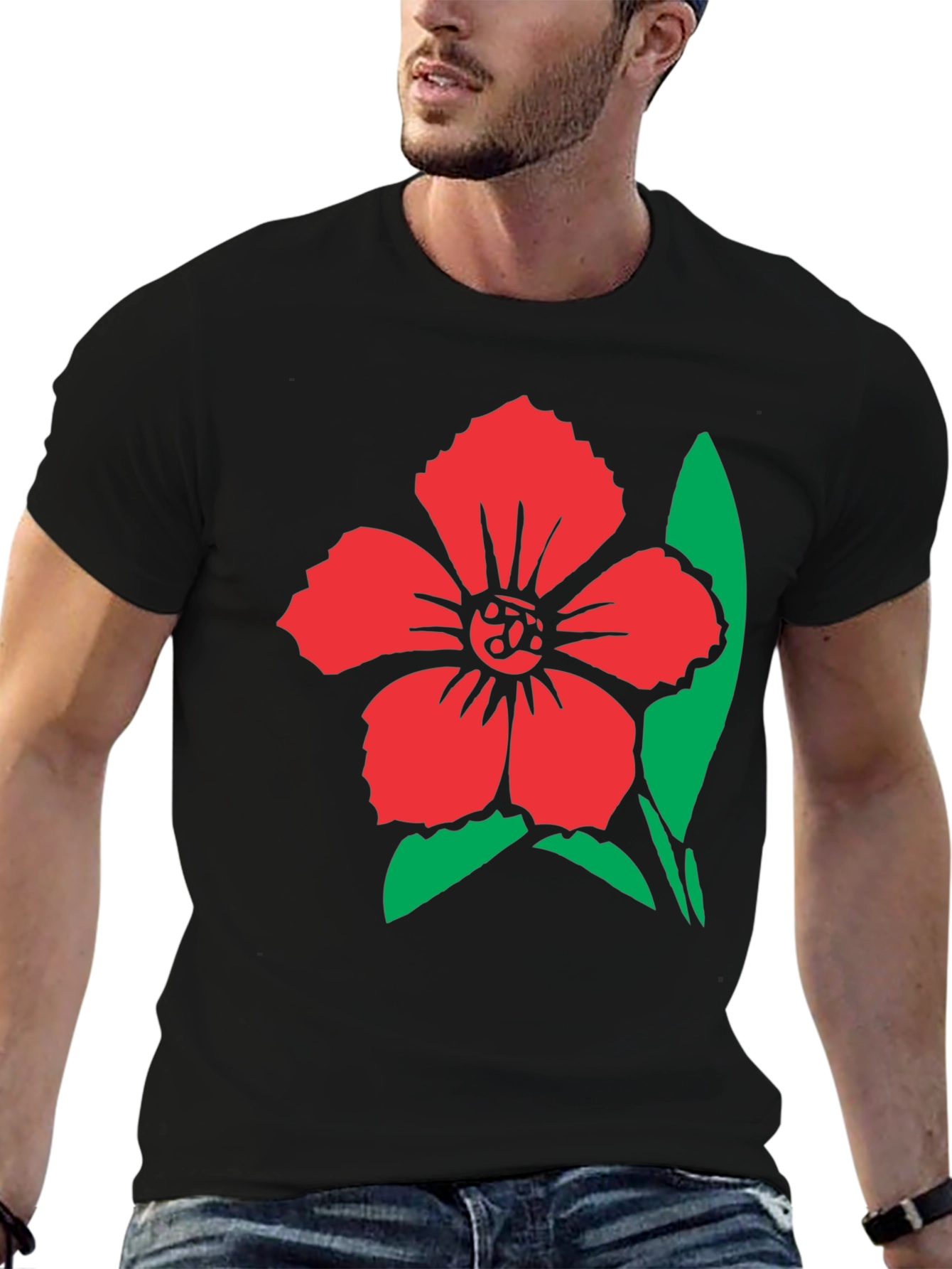 Black Floral Graphic Tee - Red Flower Design on Black Shirt view 6