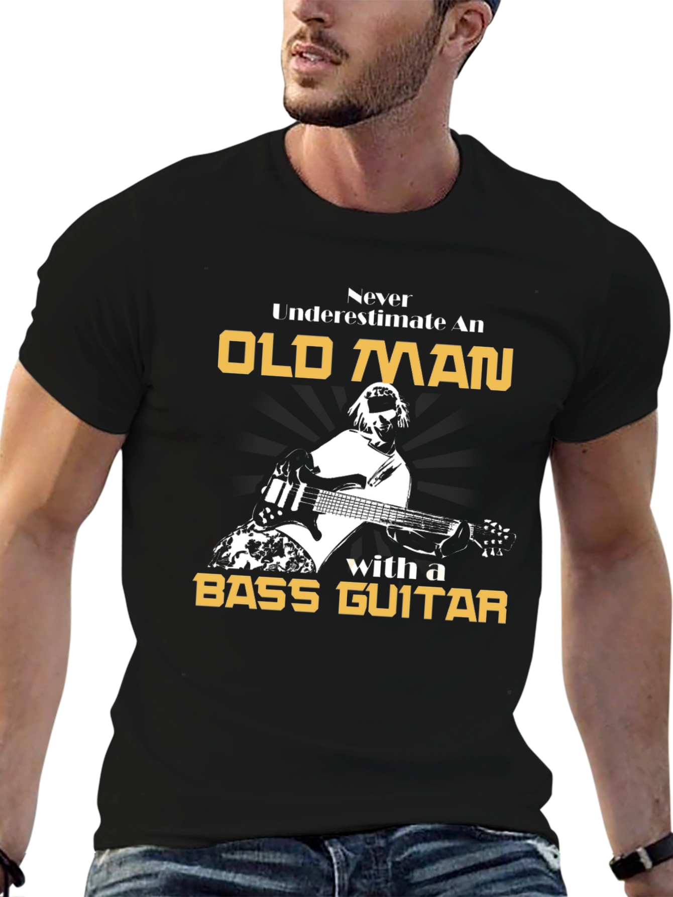 Black Old Man Bass Guitar Graphic T-Shirt view 6