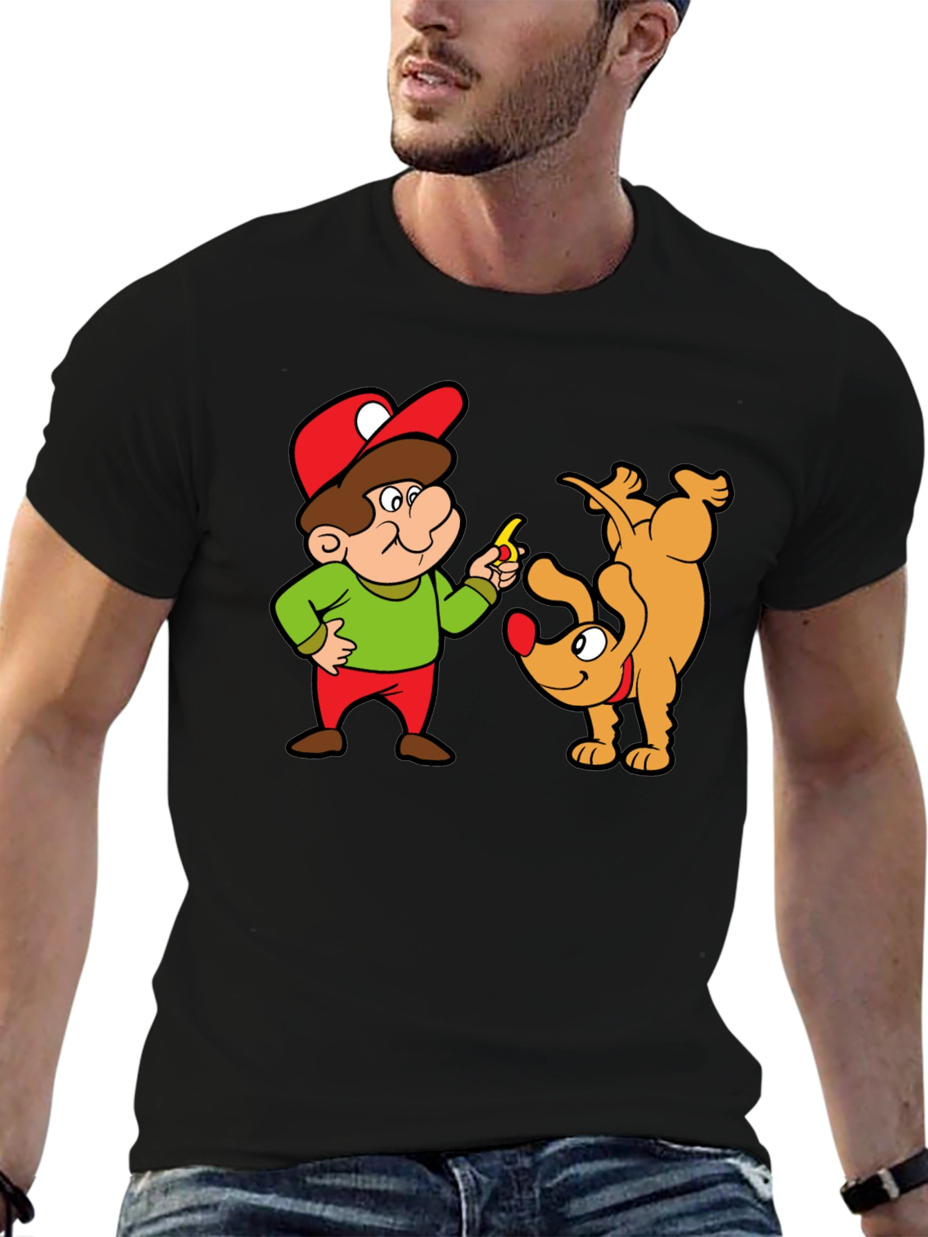 Black Cartoon Man & Dog Graphic Black T-Shirt view 6