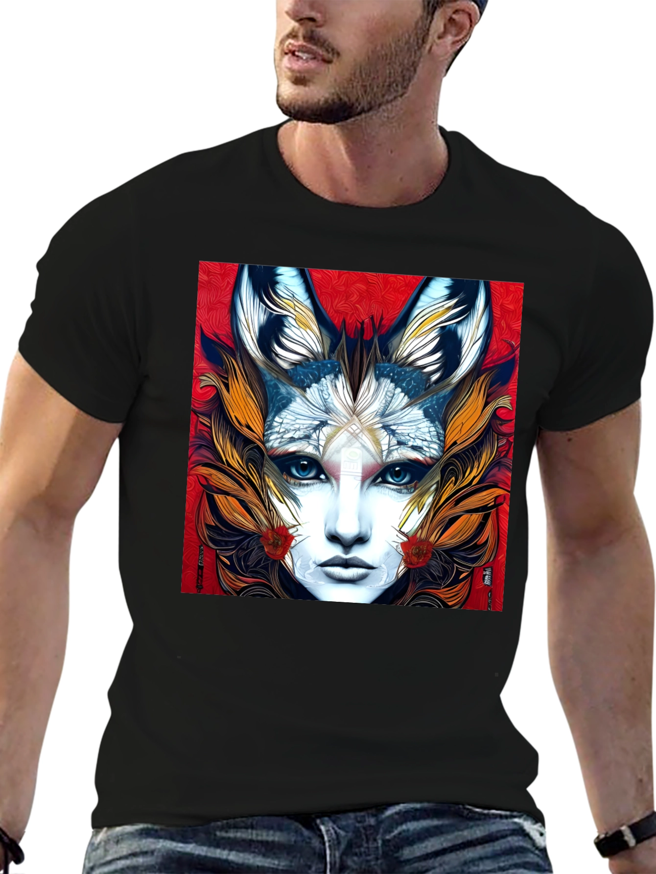Black Mystic Fox Woman Graphic Tee - Unique Art T-Shirt view 6