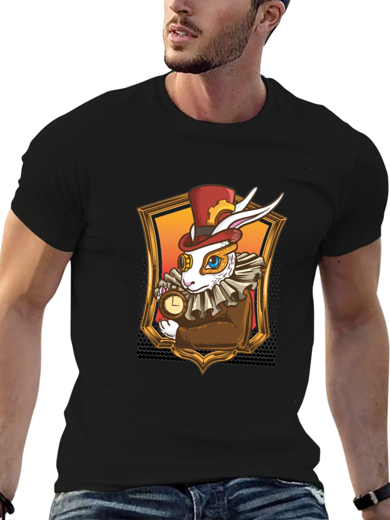 Black Steampunk Rabbit T-Shirt - Whimsical Design view 6