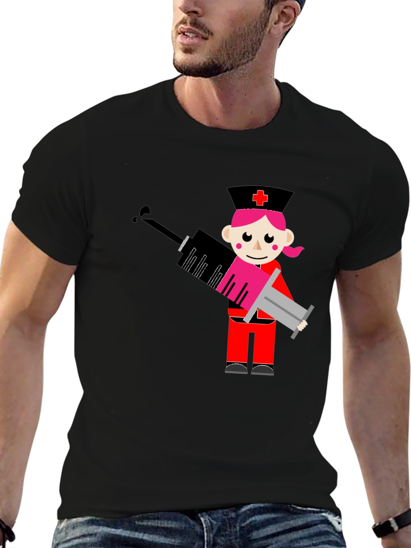 Black Cartoon Nurse Syringe Graphic T-Shirt - Black Cotton Tee view 6