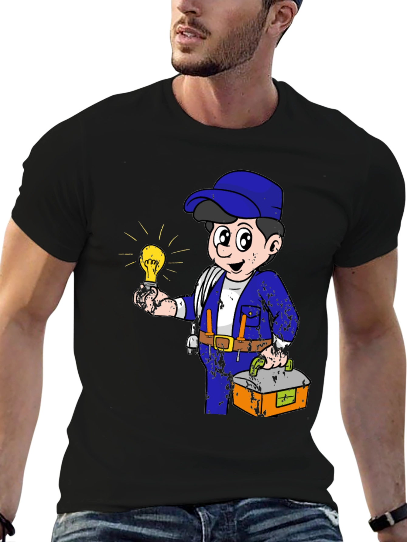 Black Electrician Cartoon Graphic T-Shirt view 6