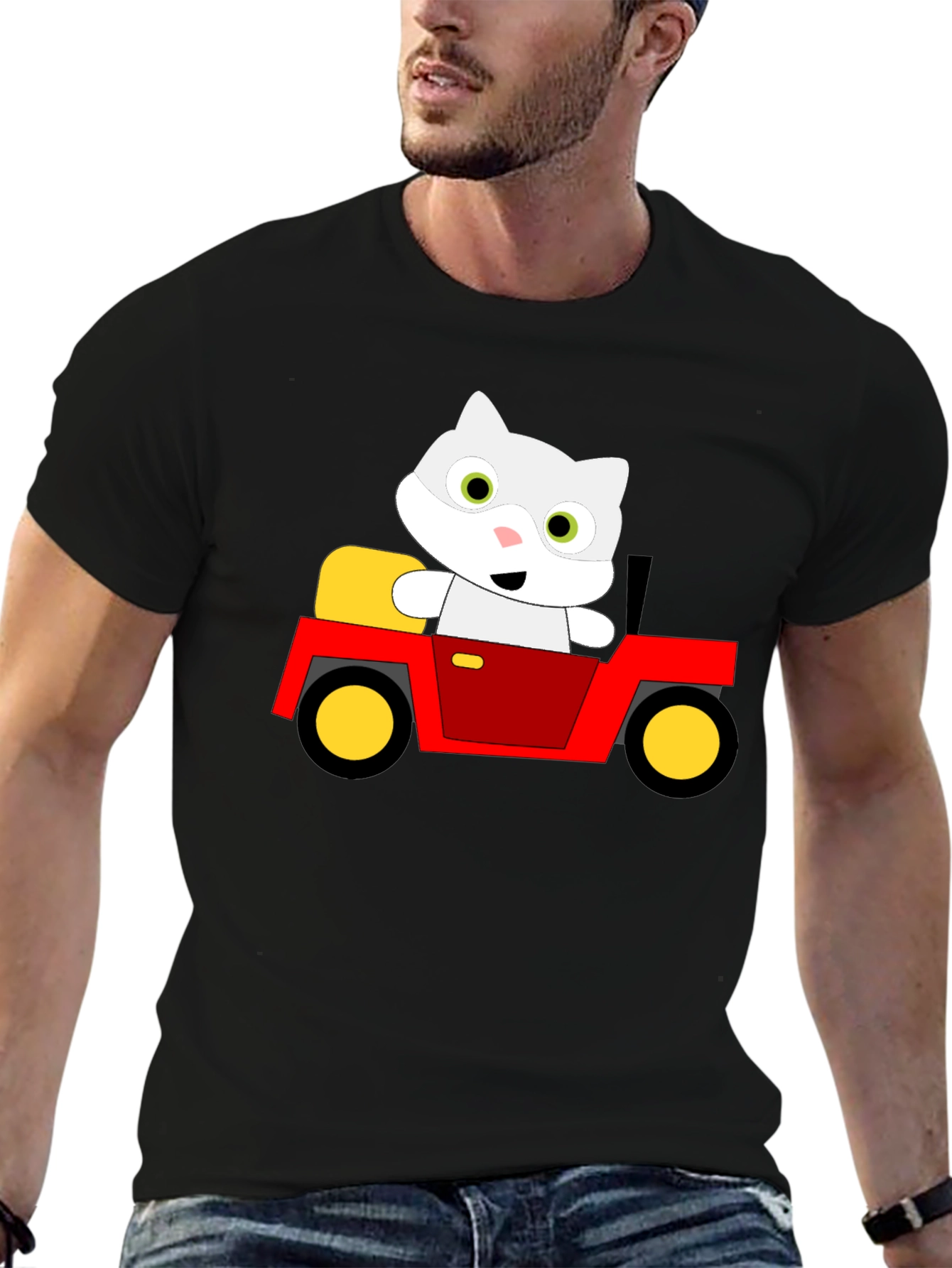 Black Cute Cartoon Cat in Car Graphic T-Shirt view 6