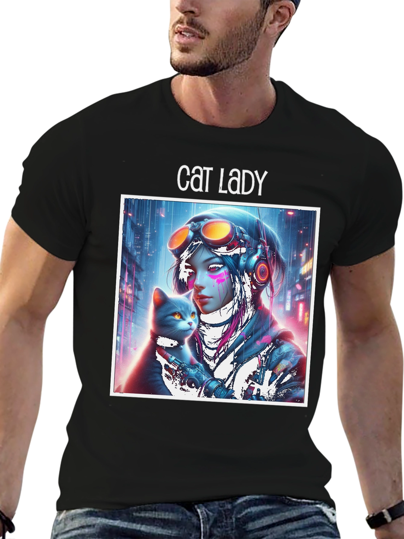 Black Cat Lady Graphic Tee - Sci-Fi Style, Soft Cotton view 6