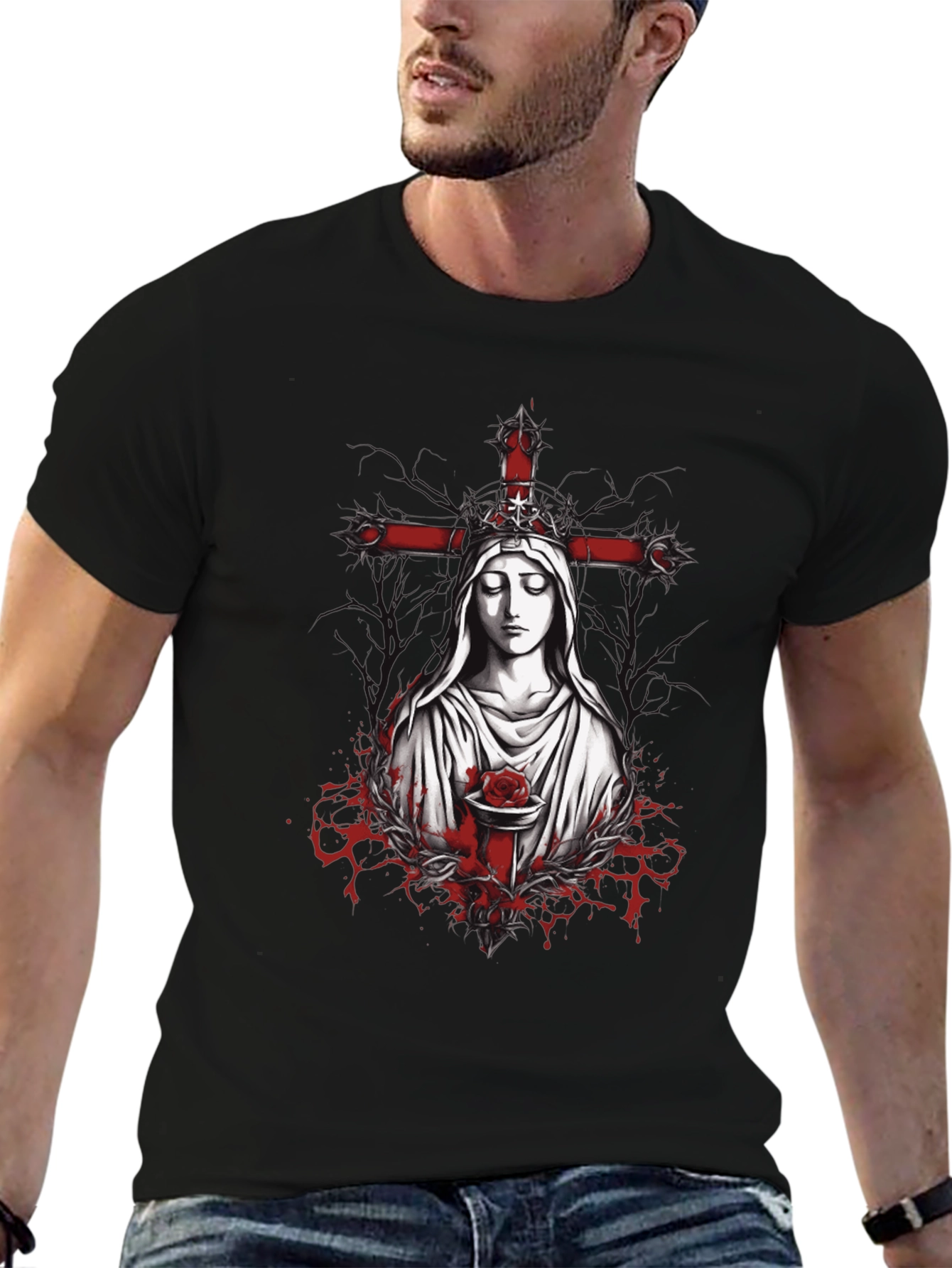 Black Virgin Mary Rose Cross Graphic Tee view 6
