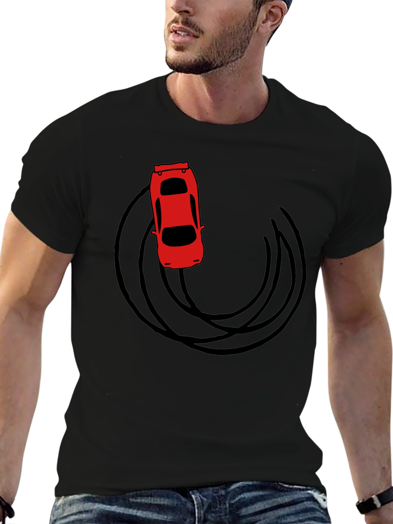 Black Red Car Drift Graphic T-Shirt - Black Cotton Tee view 6