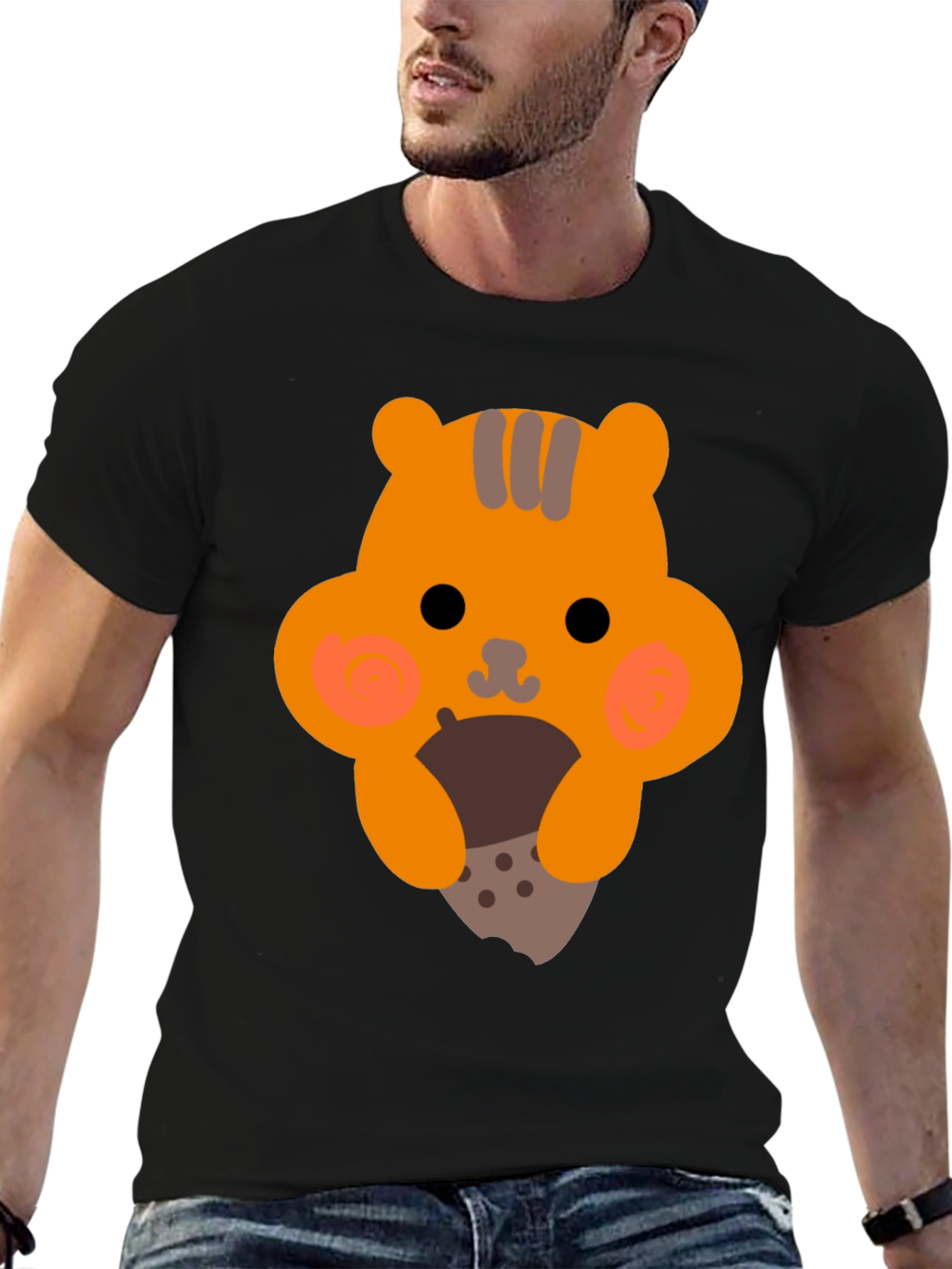 Black Cute Cartoon Squirrel Eating Nut Graphic T-Shirt view 6