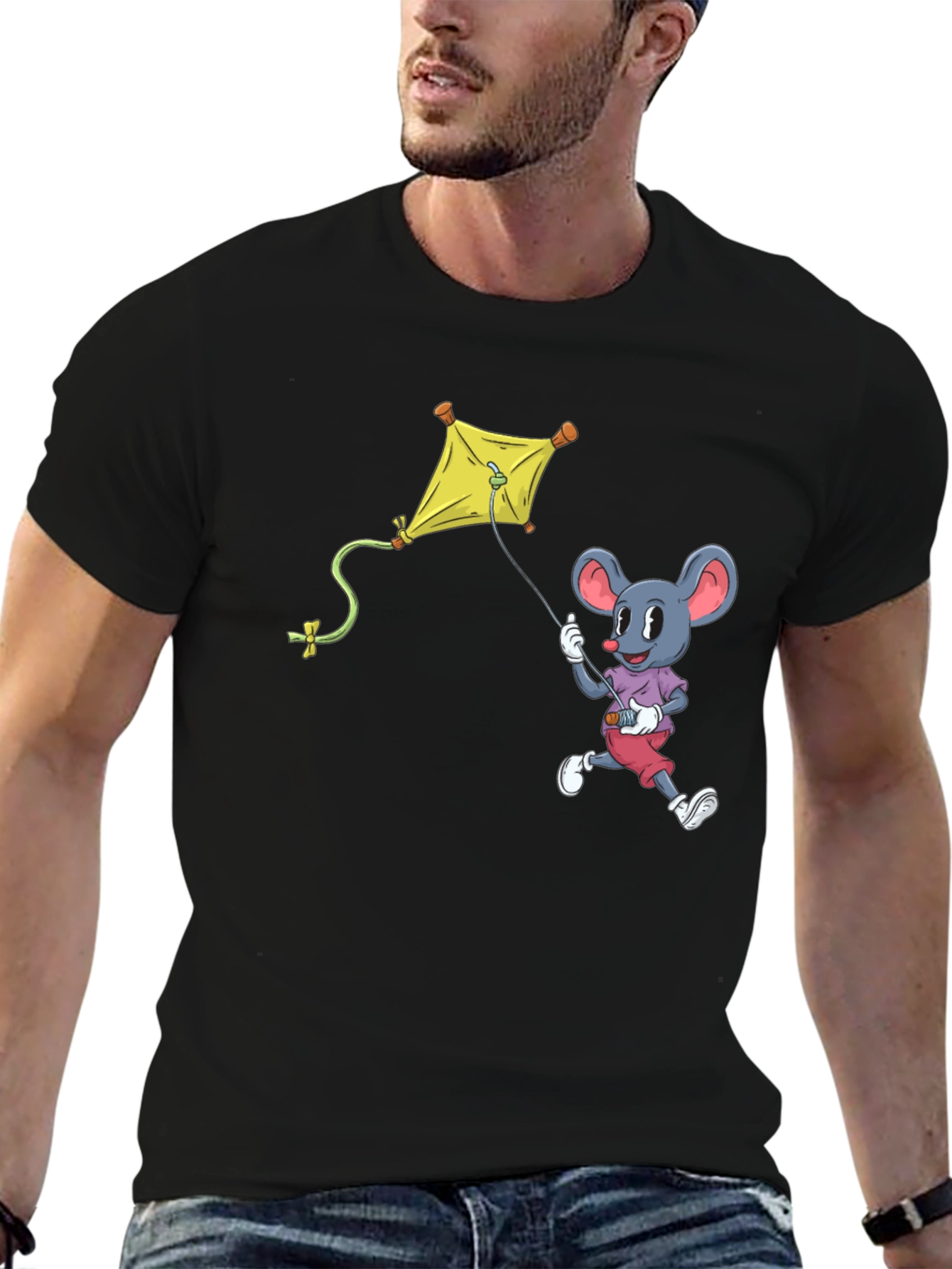 Black Mouse Kite T-Shirt - Cartoon Graphic Tee view 6