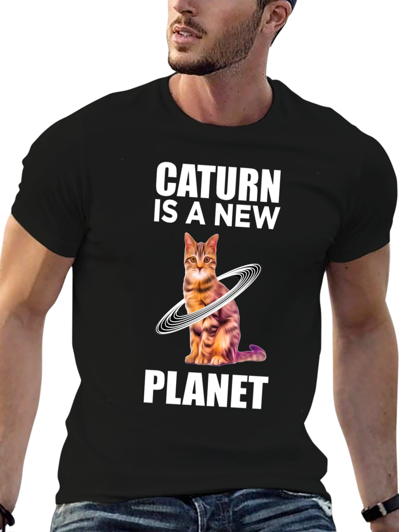 Black Caturn is a New Planet T-Shirt - Novelty Space Cat Tee view 6