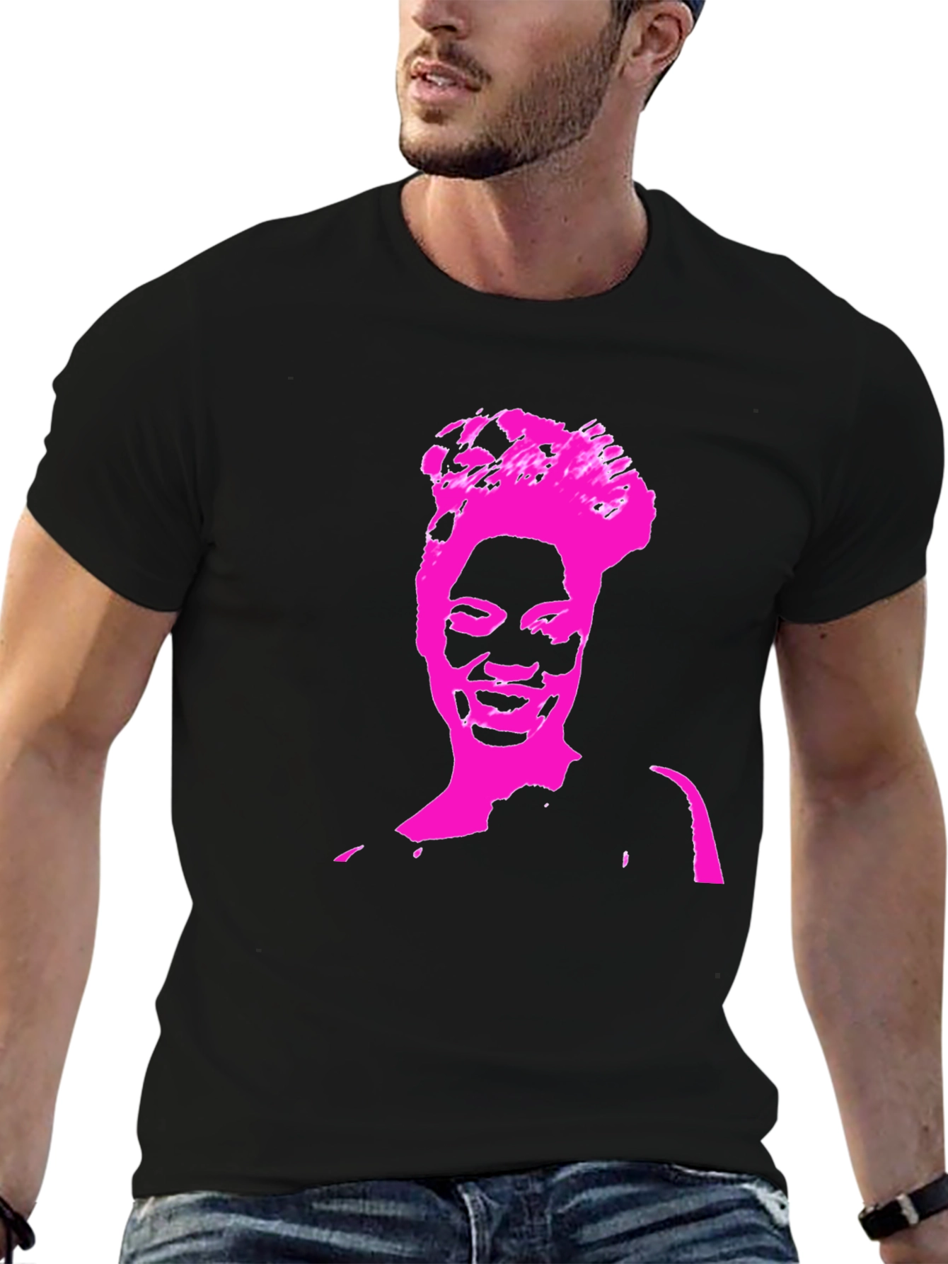 Black Stylish Black T-Shirt with Pink Portrait Graphic view 6