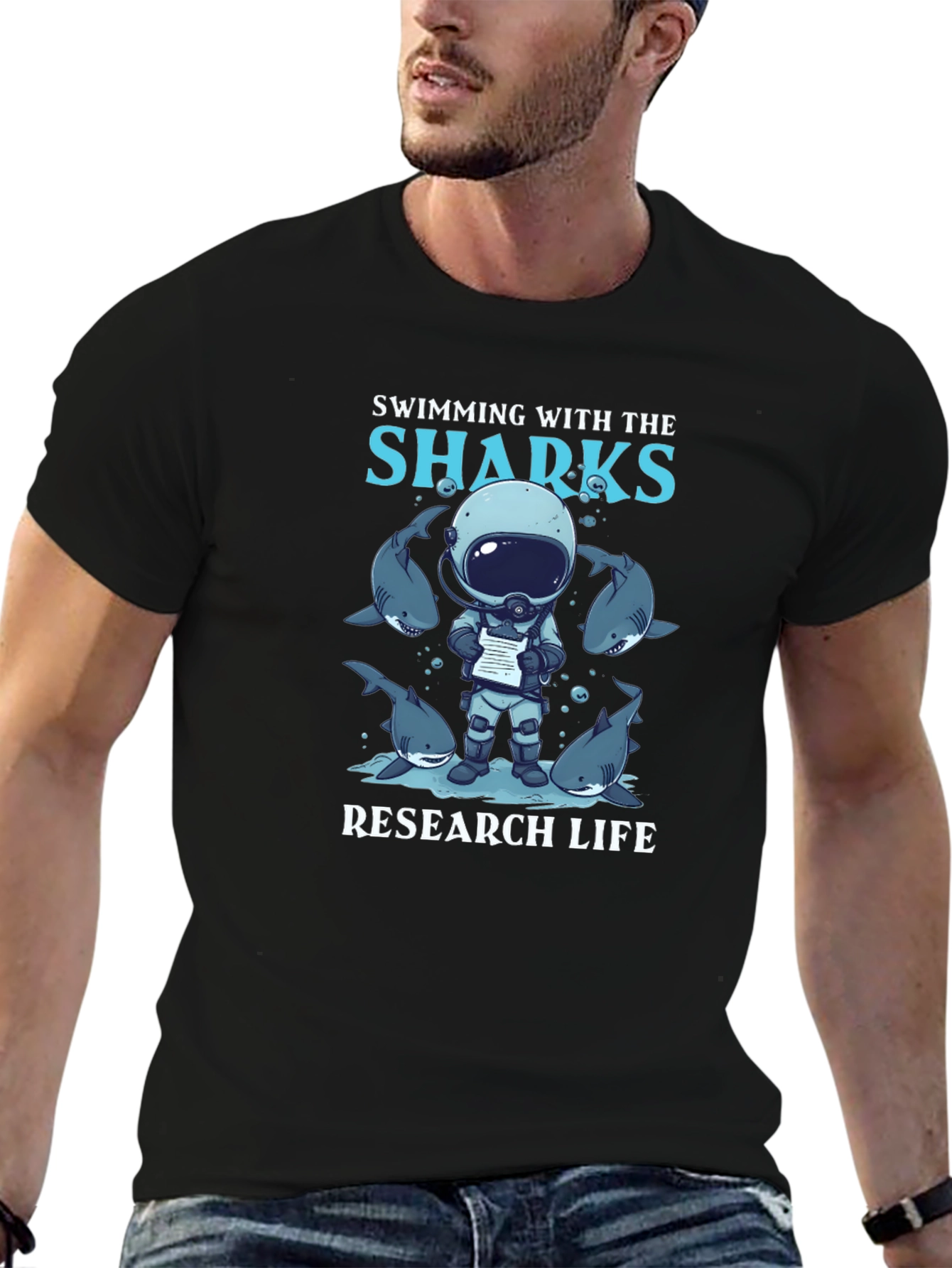 Black Swimming with Sharks Research Life Black T-Shirt view 6
